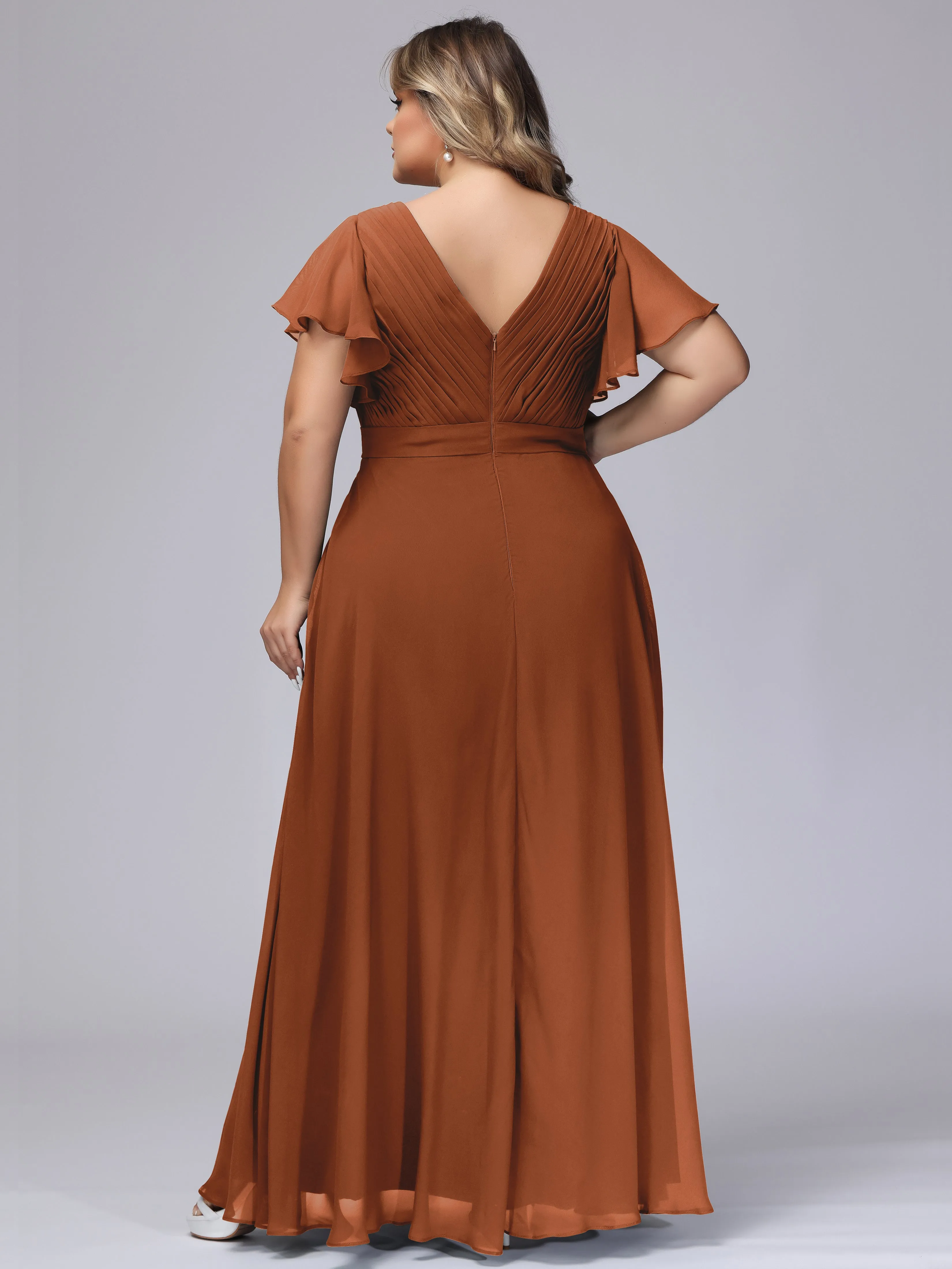 Elegant V-neck Ruffle Sleeves Empire Plus Size Bridesmaid Dress