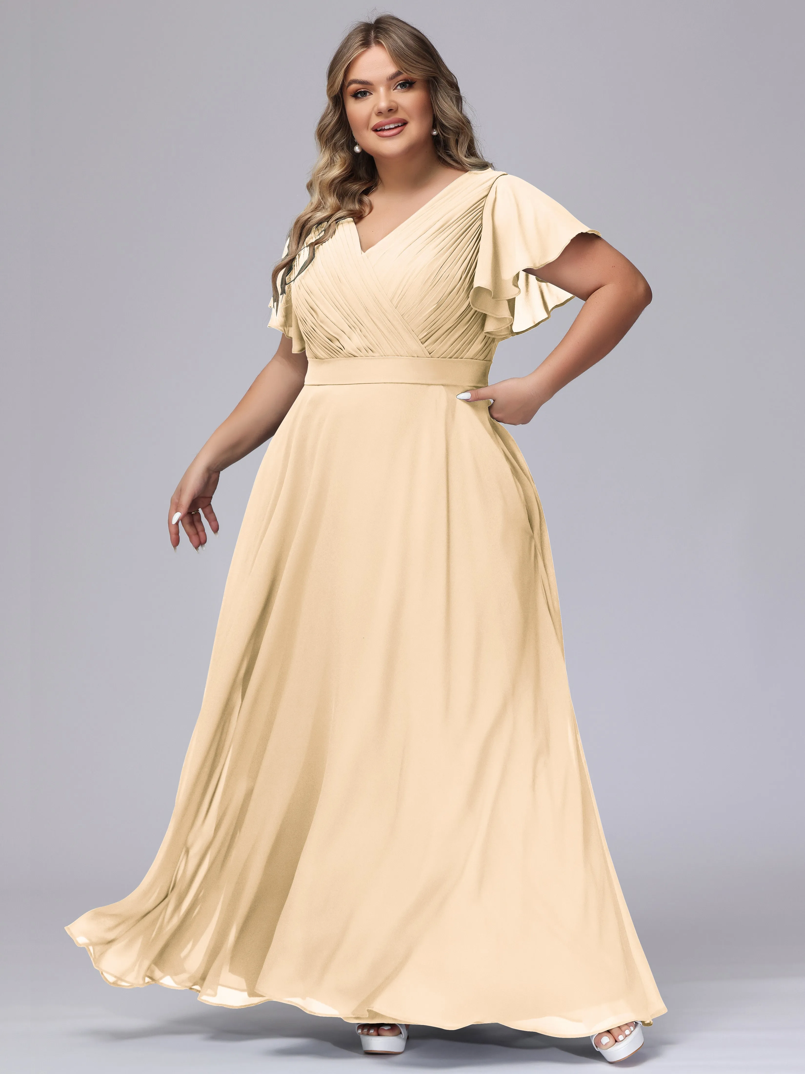 Elegant V-neck Ruffle Sleeves Empire Plus Size Bridesmaid Dress