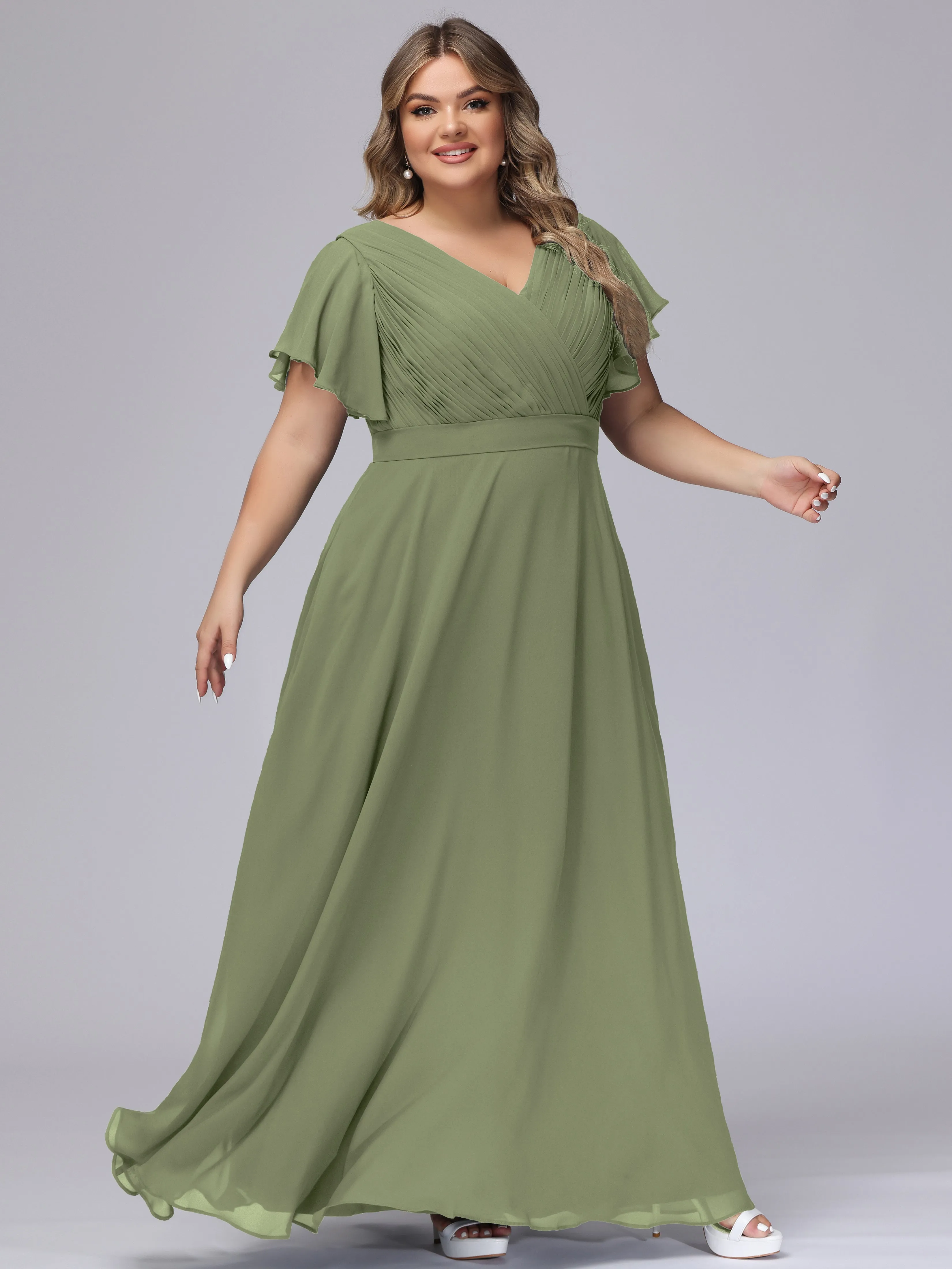 Elegant V-neck Ruffle Sleeves Empire Plus Size Bridesmaid Dress