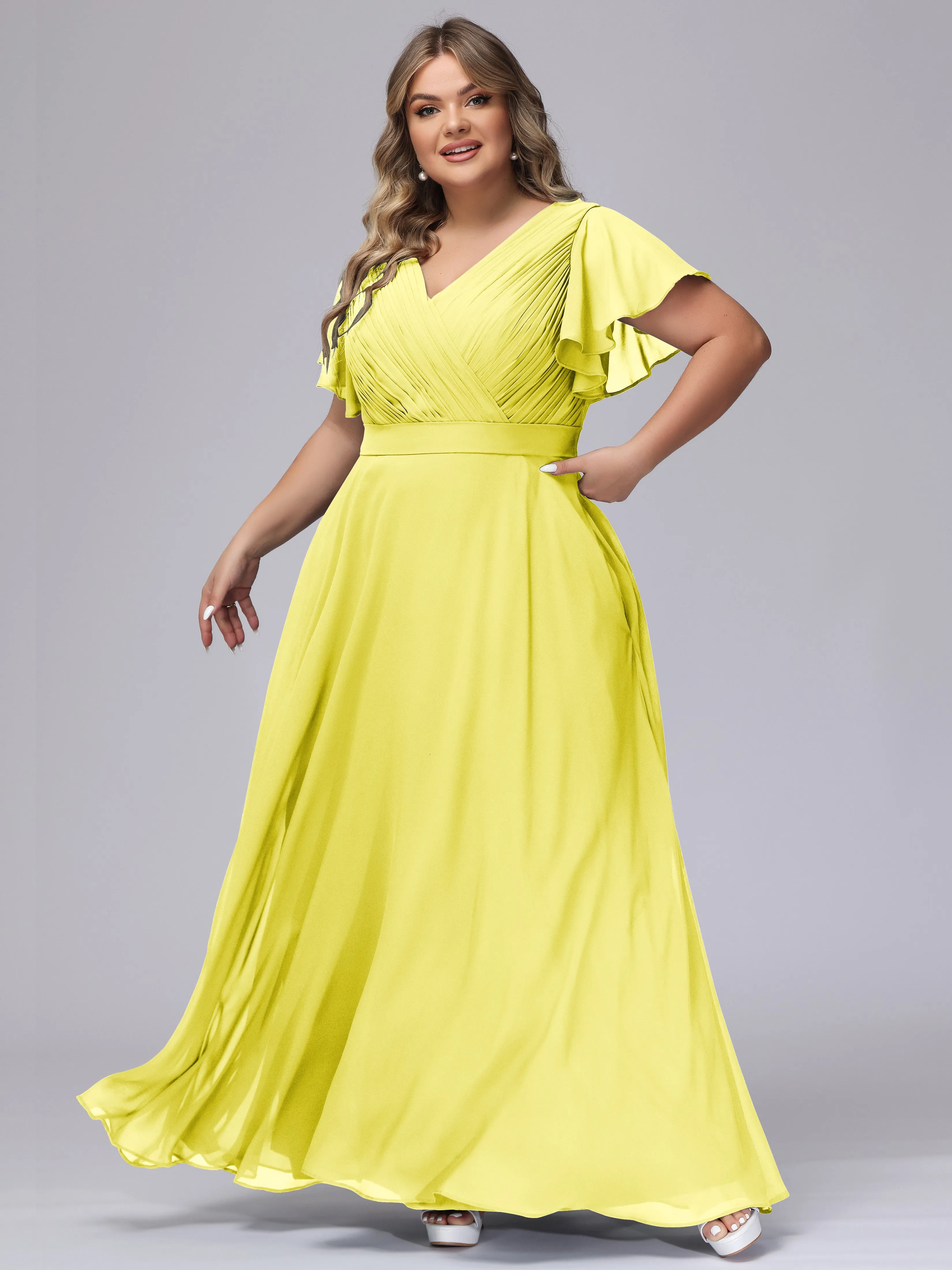 Elegant V-neck Ruffle Sleeves Empire Plus Size Bridesmaid Dress