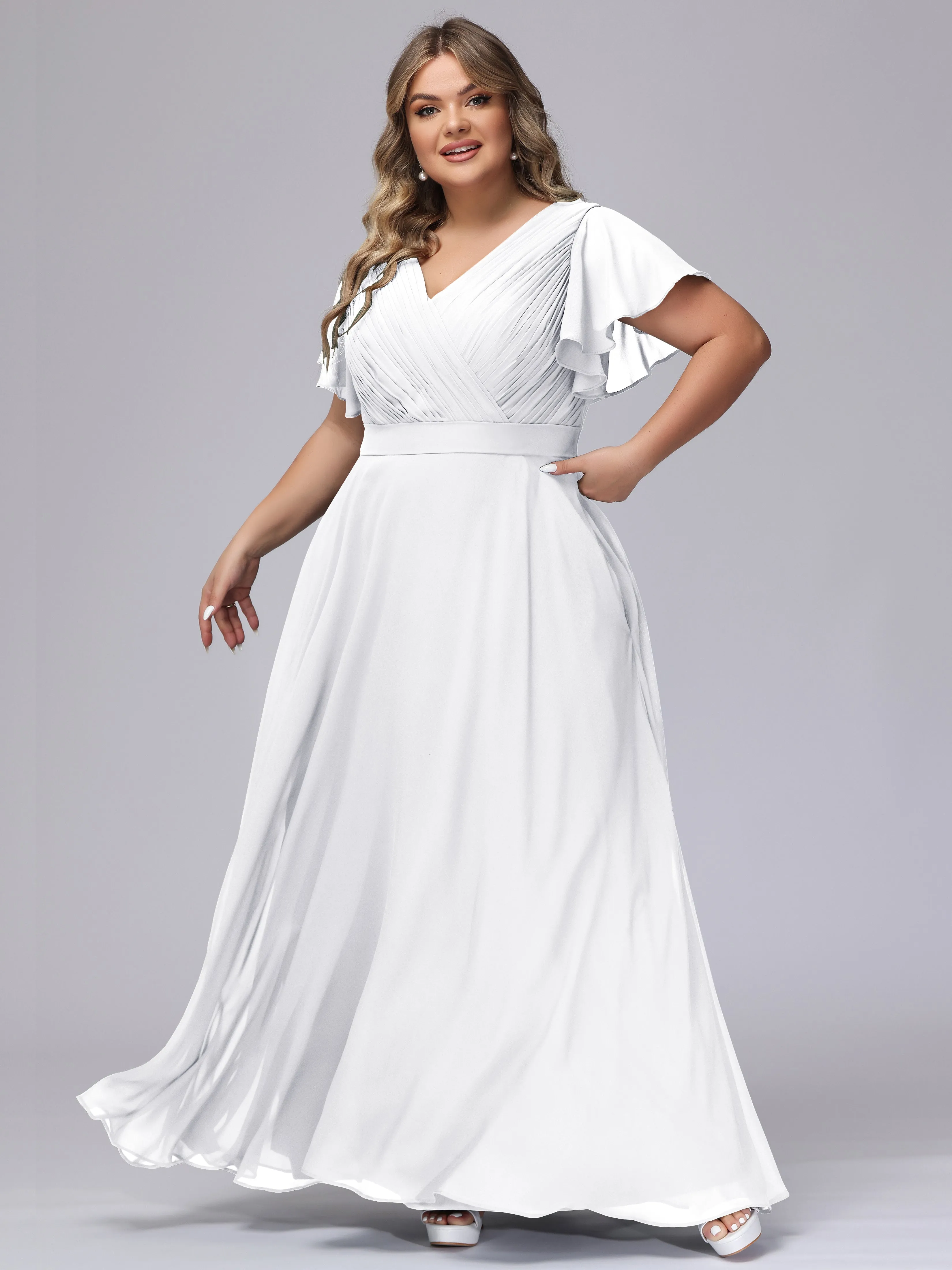 Elegant V-neck Ruffle Sleeves Empire Plus Size Bridesmaid Dress