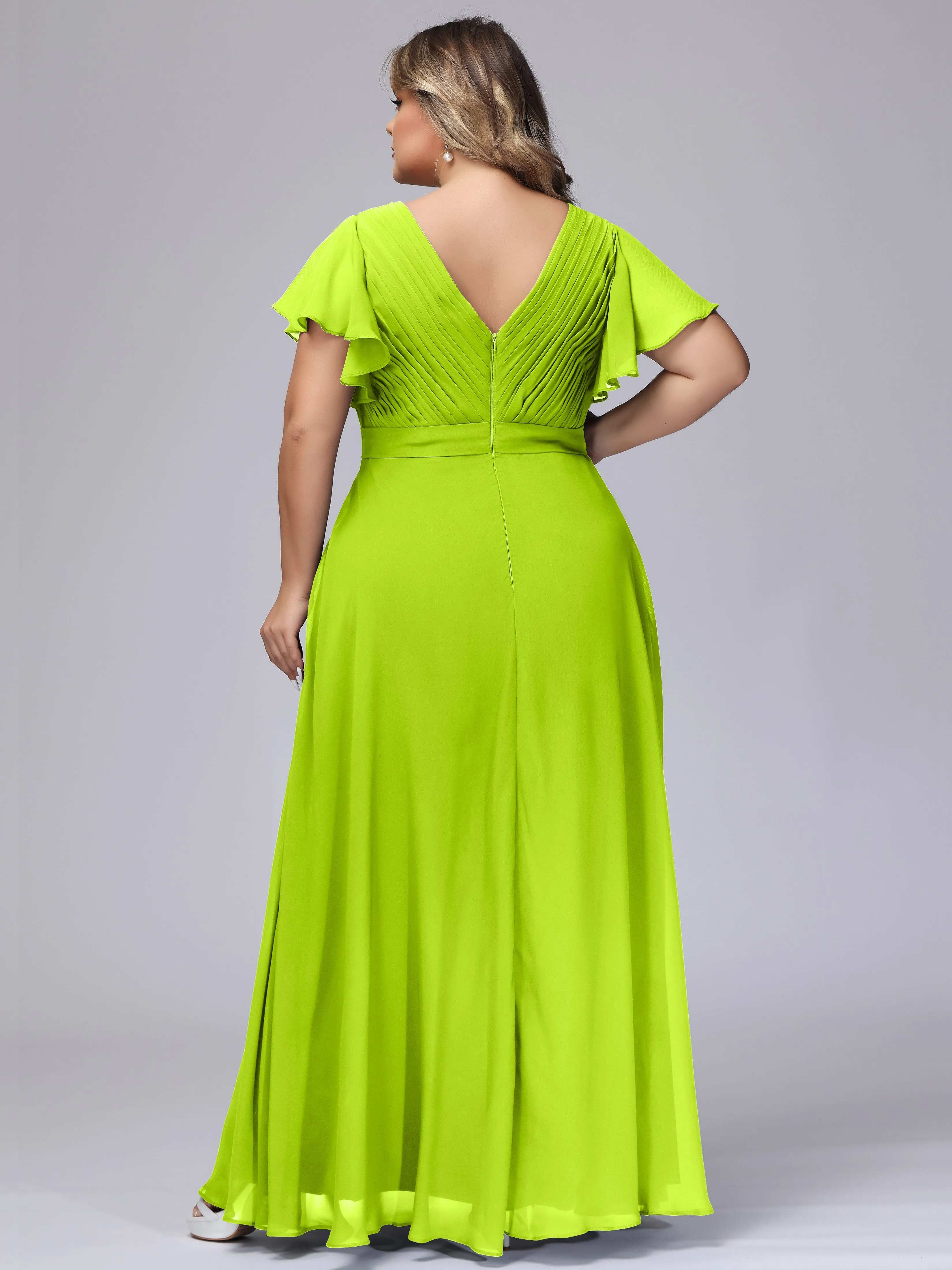 Elegant V-neck Ruffle Sleeves Empire Plus Size Bridesmaid Dress