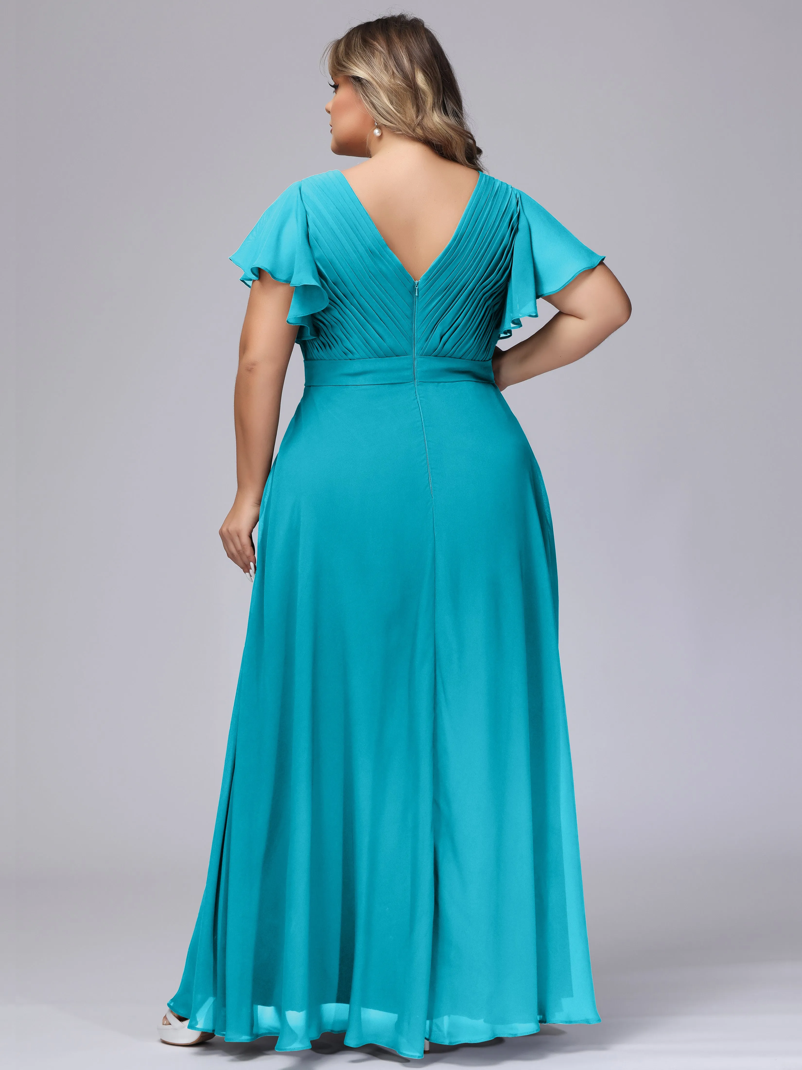 Elegant V-neck Ruffle Sleeves Empire Plus Size Bridesmaid Dress