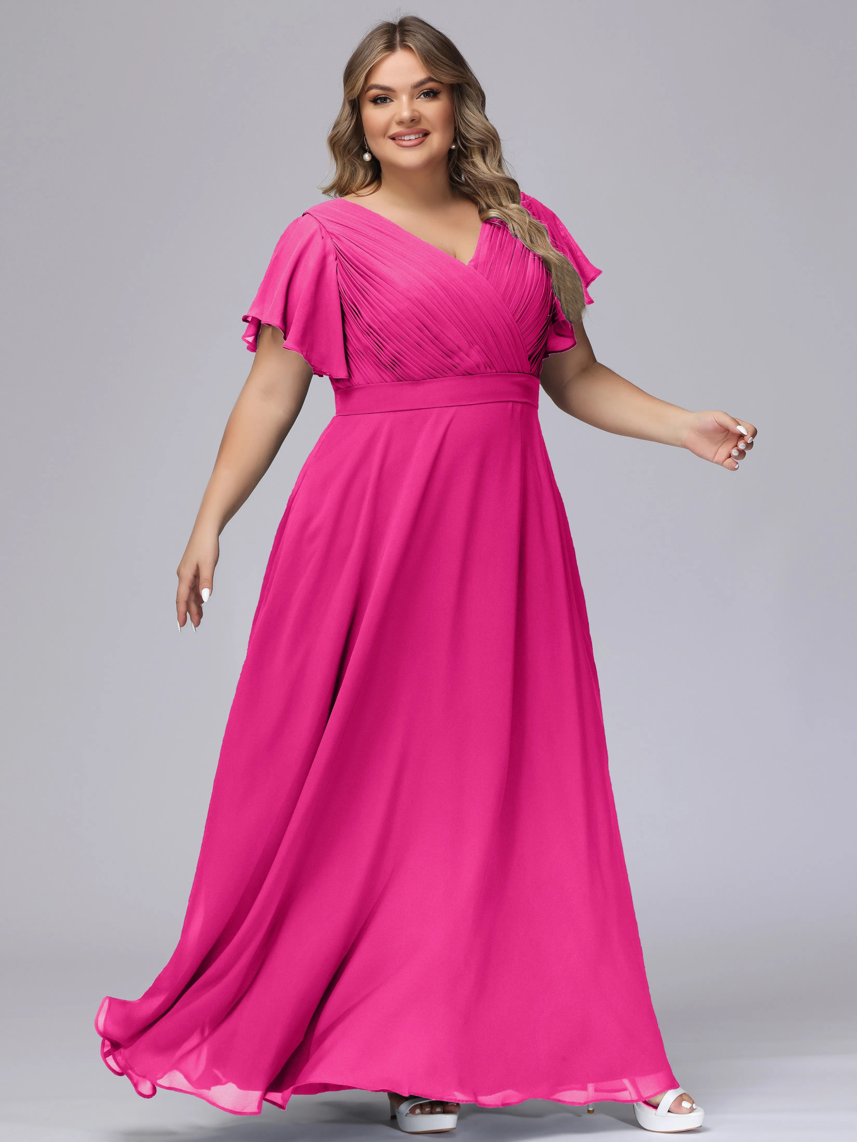 Elegant V-neck Ruffle Sleeves Empire Plus Size Bridesmaid Dress