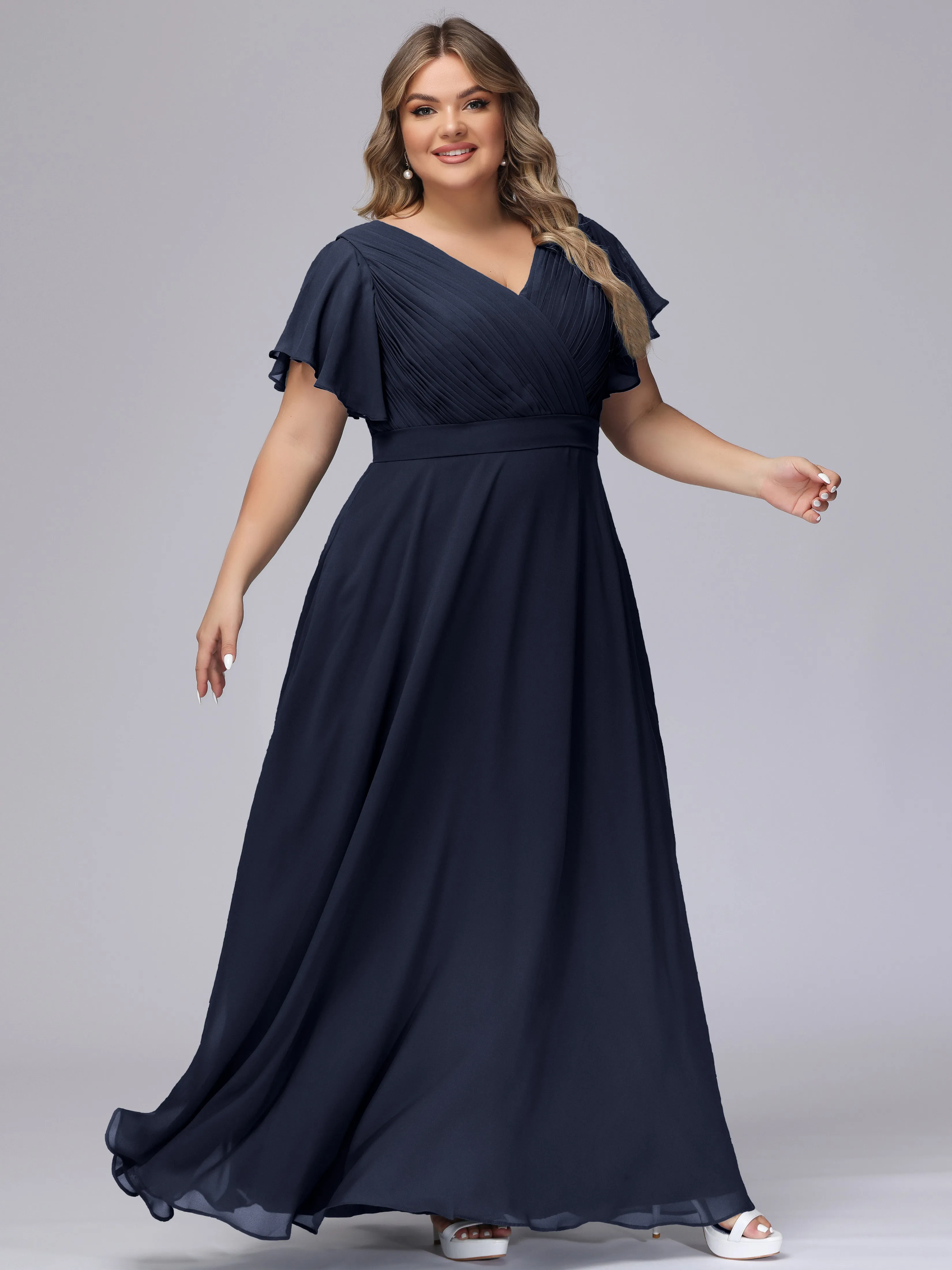 Elegant V-neck Ruffle Sleeves Empire Plus Size Bridesmaid Dress