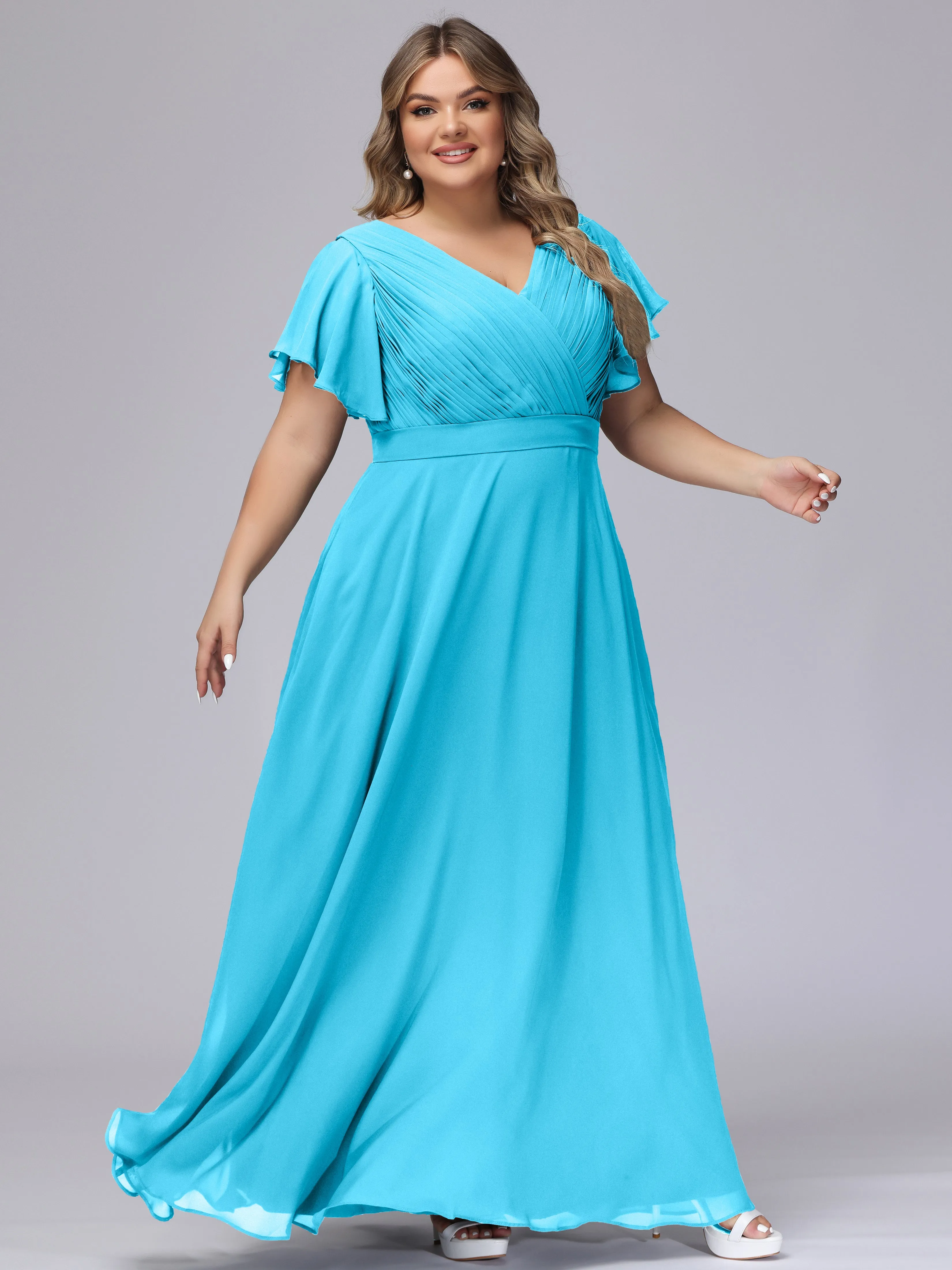 Elegant V-neck Ruffle Sleeves Empire Plus Size Bridesmaid Dress