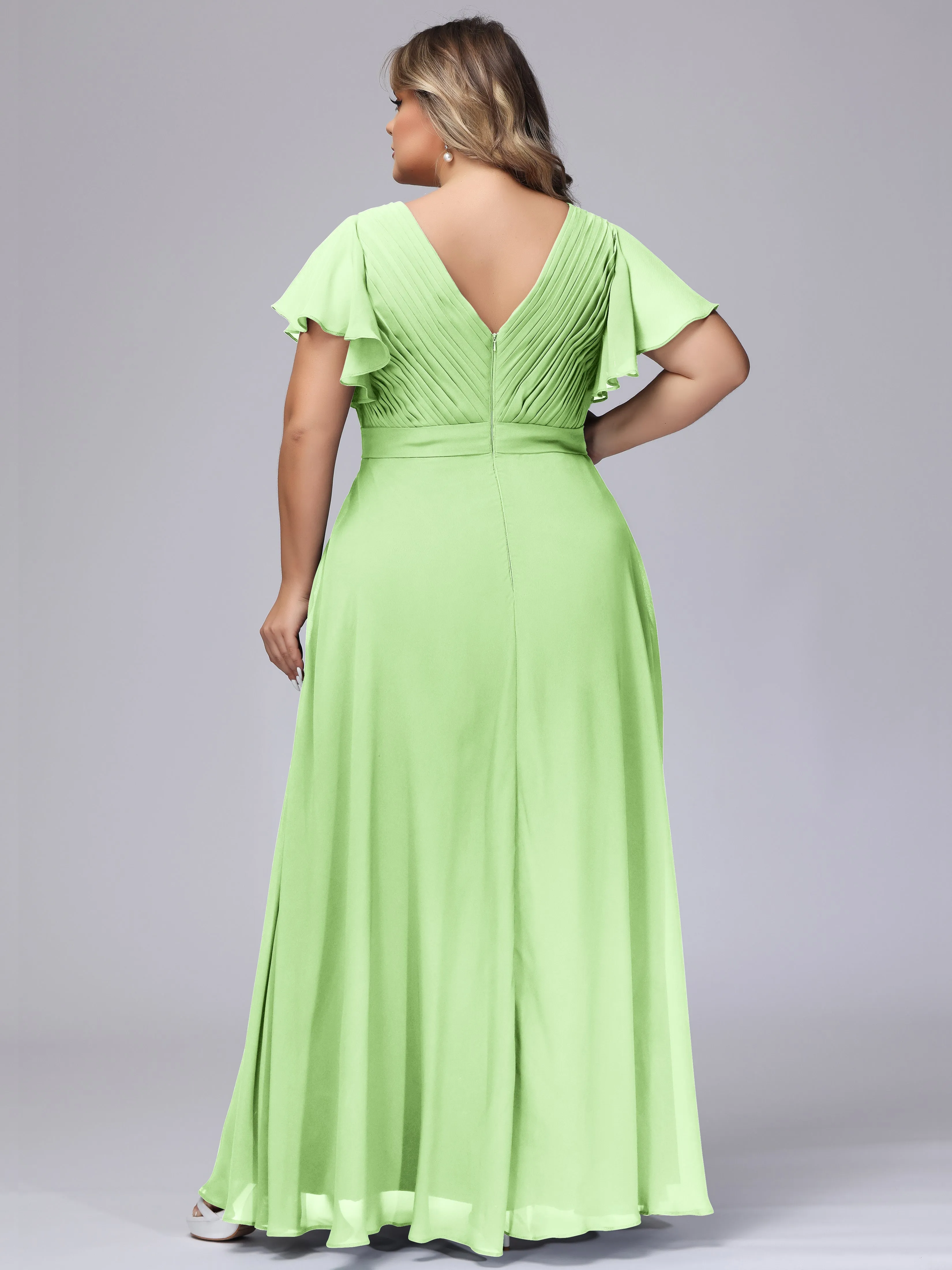 Elegant V-neck Ruffle Sleeves Empire Plus Size Bridesmaid Dress