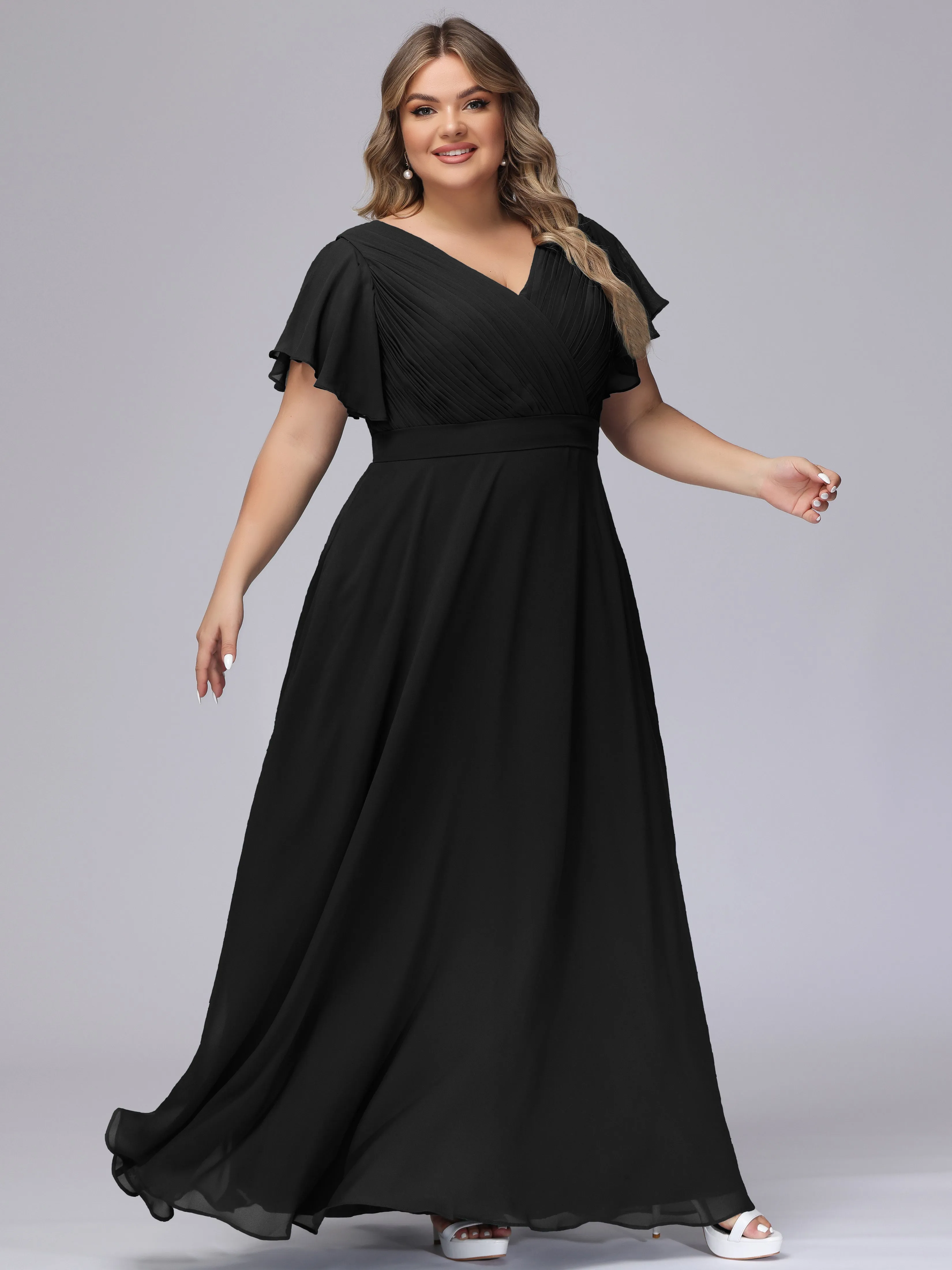 Elegant V-neck Ruffle Sleeves Empire Plus Size Bridesmaid Dress