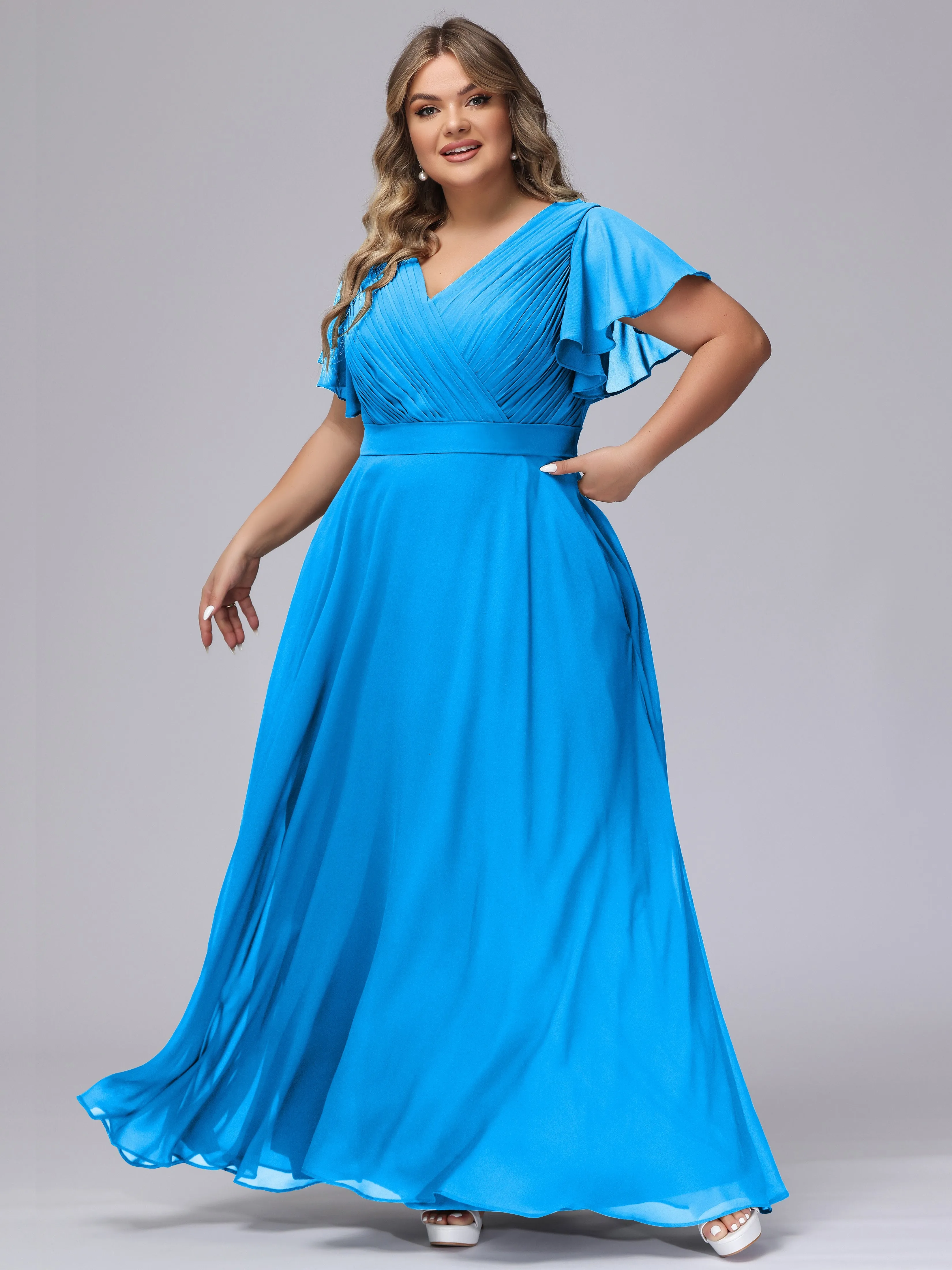 Elegant V-neck Ruffle Sleeves Empire Plus Size Bridesmaid Dress
