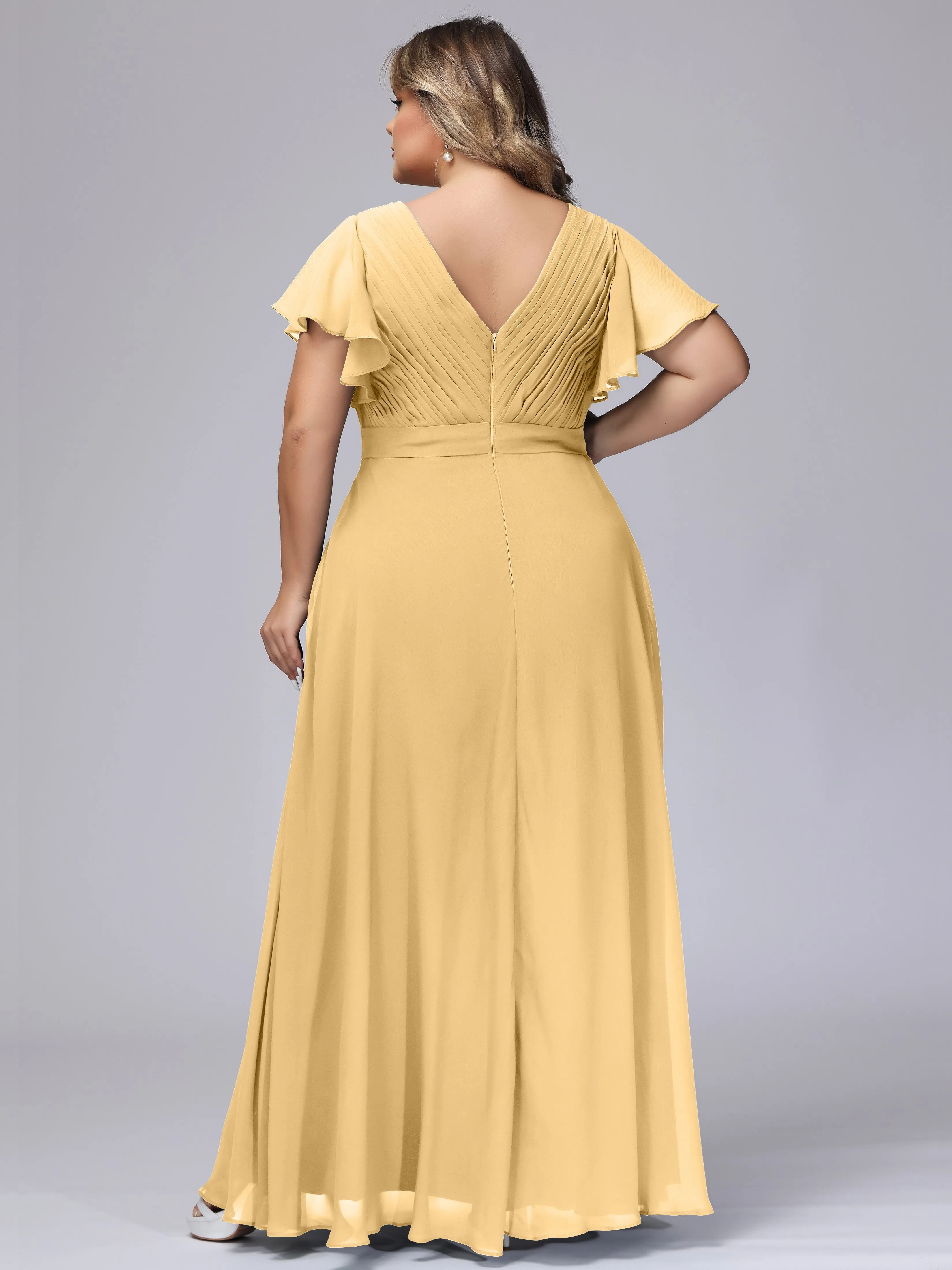 Elegant V-neck Ruffle Sleeves Empire Plus Size Bridesmaid Dress