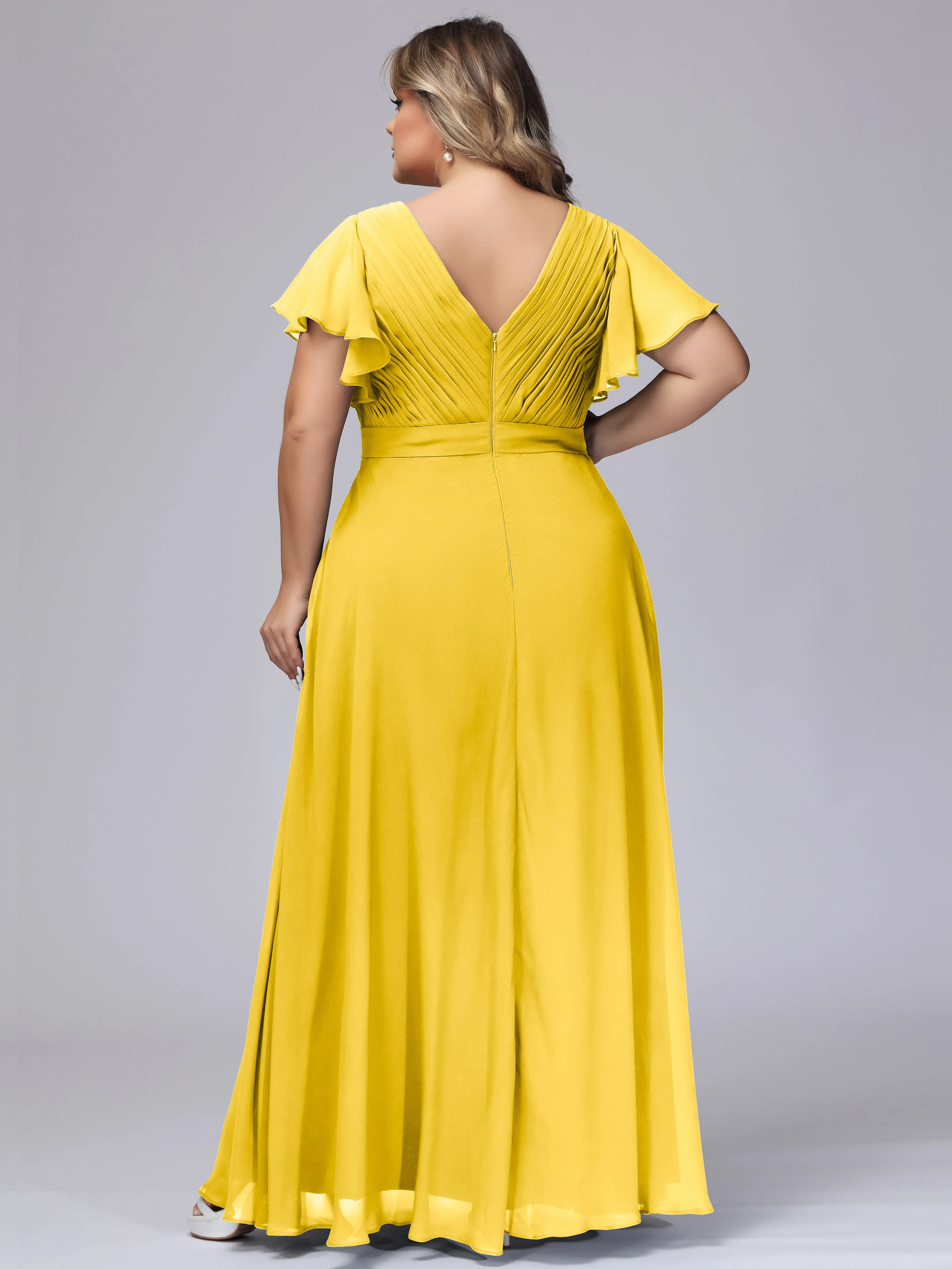 Elegant V-neck Ruffle Sleeves Empire Plus Size Bridesmaid Dress