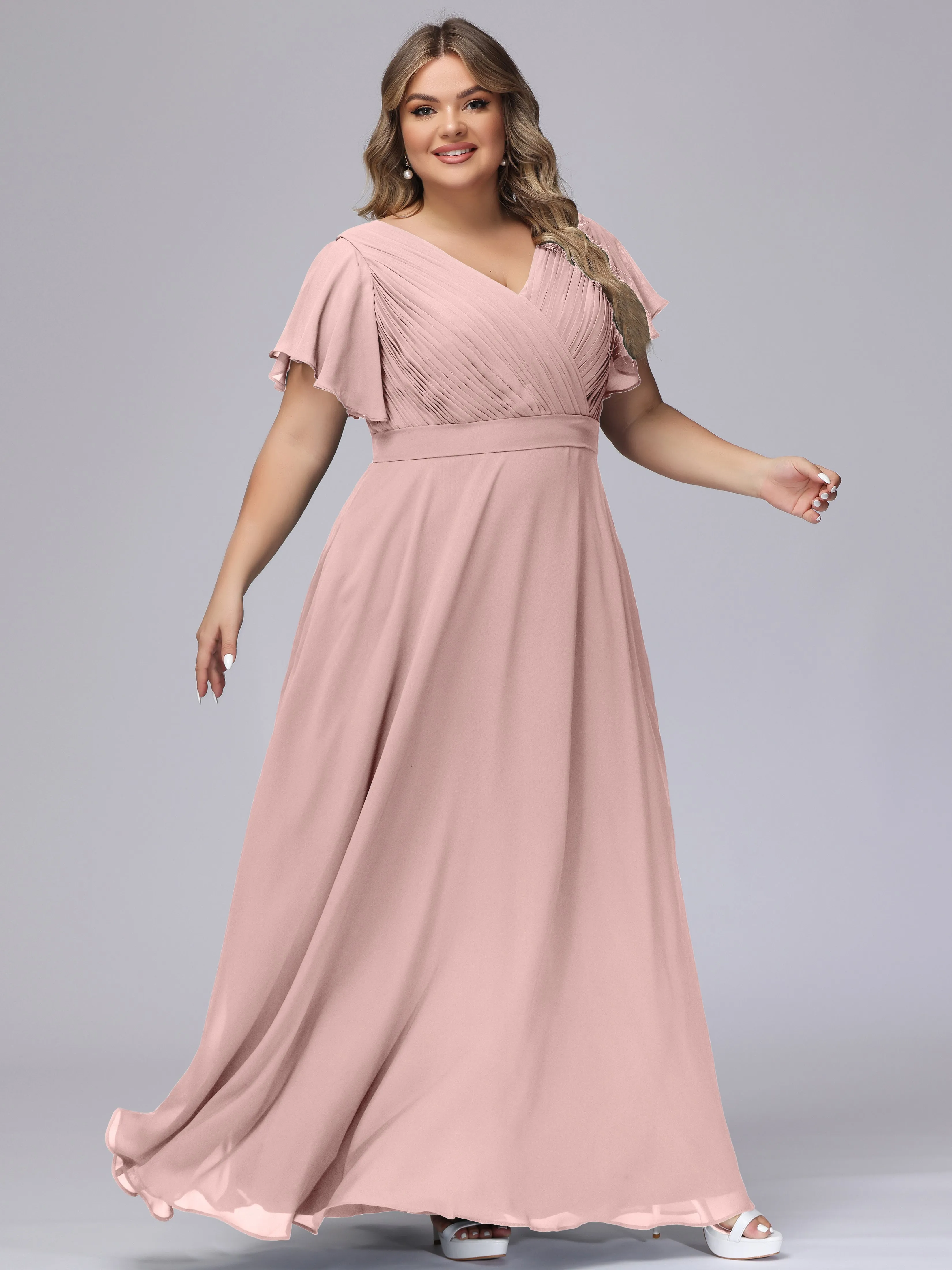 Elegant V-neck Ruffle Sleeves Empire Plus Size Bridesmaid Dress