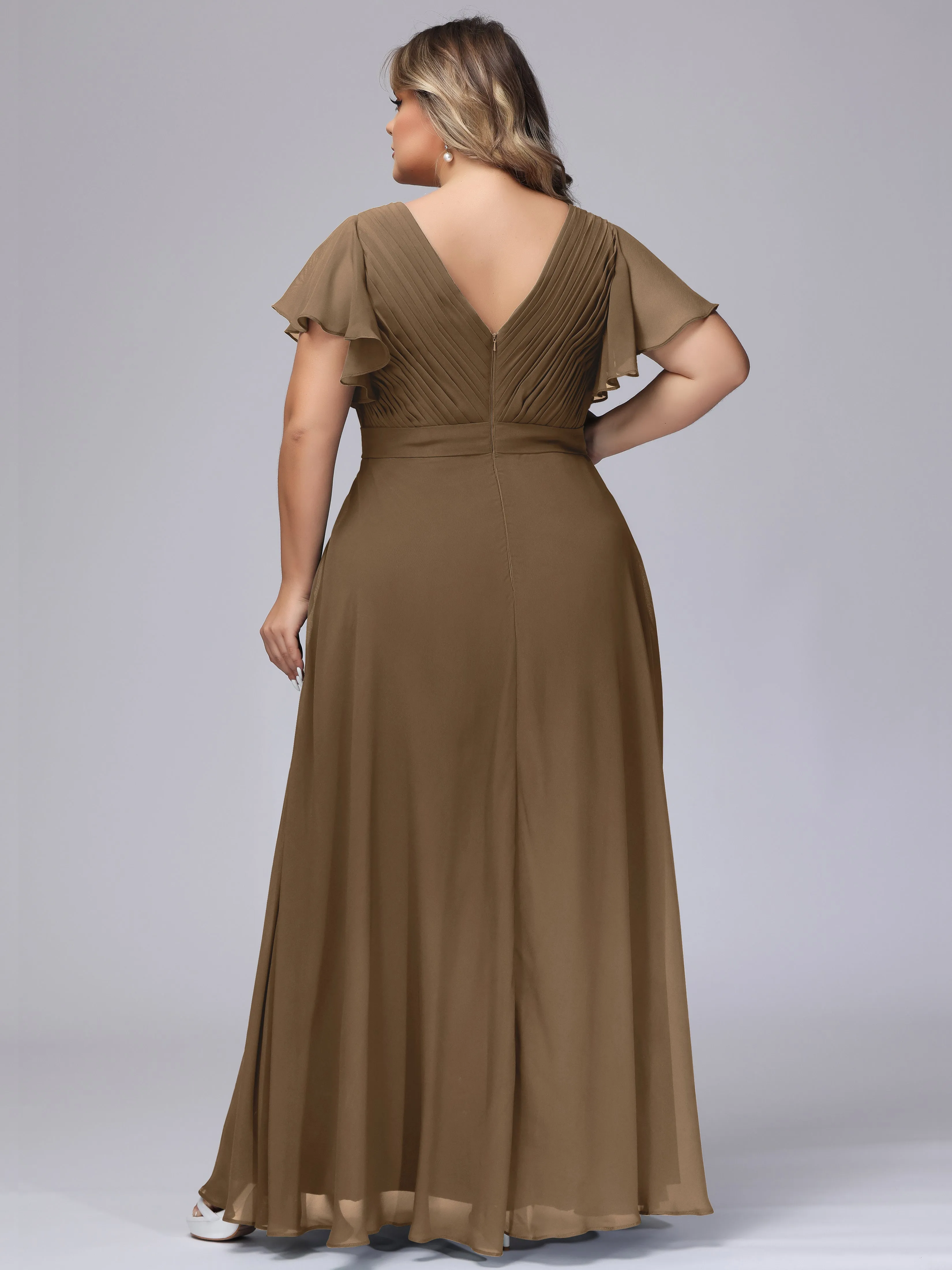 Elegant V-neck Ruffle Sleeves Empire Plus Size Bridesmaid Dress