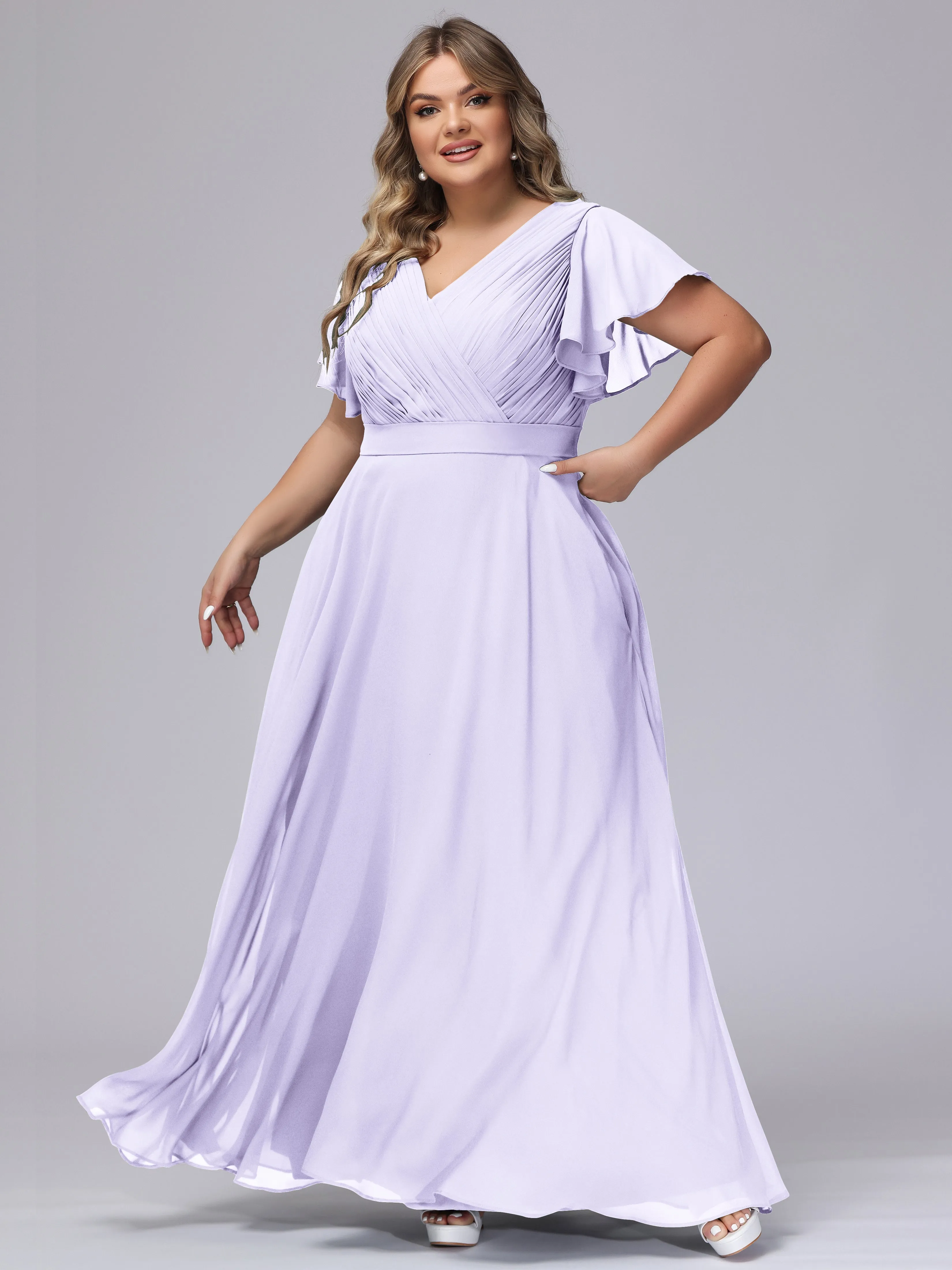 Elegant V-neck Ruffle Sleeves Empire Plus Size Bridesmaid Dress