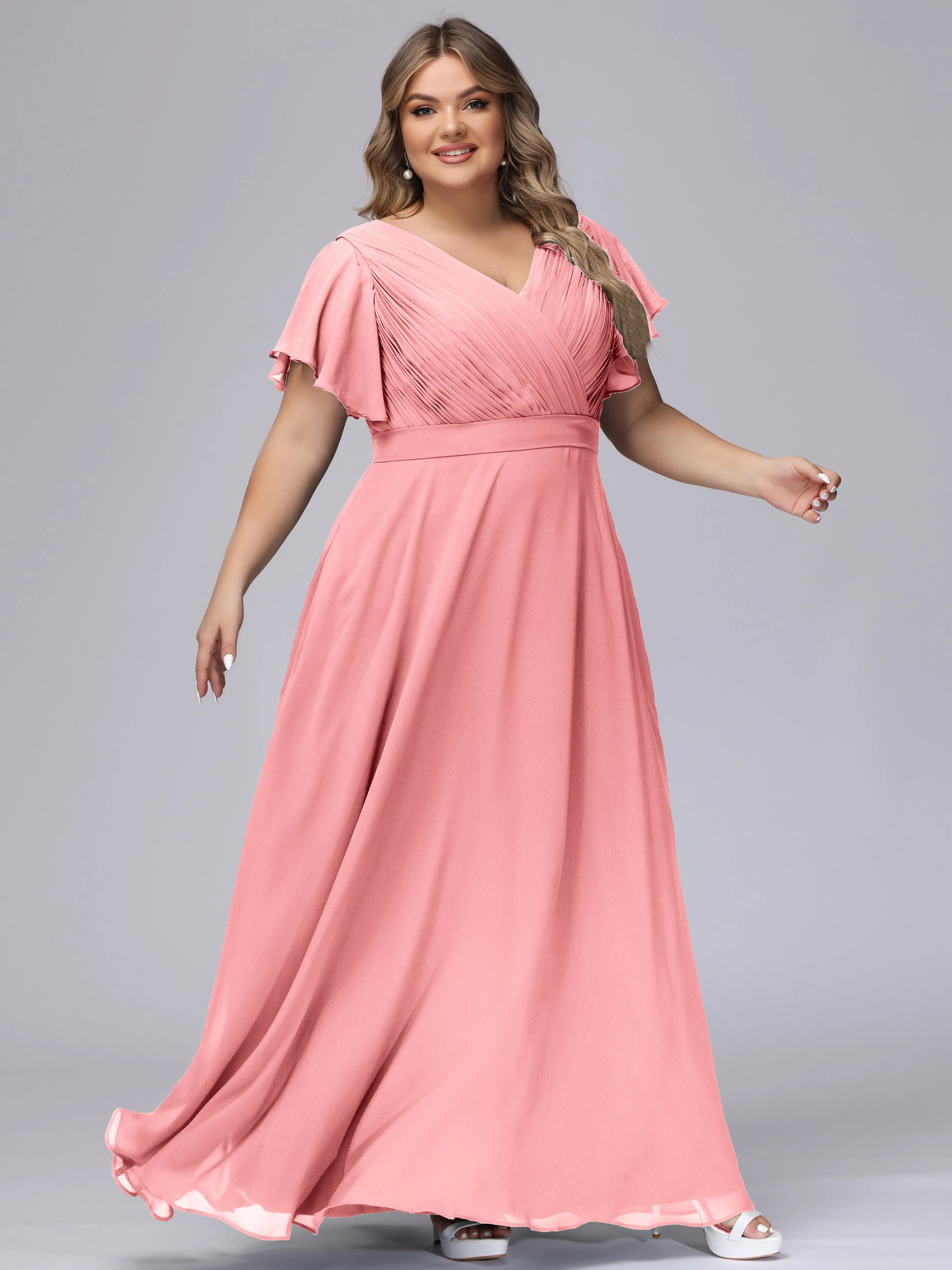 Elegant V-neck Ruffle Sleeves Empire Plus Size Bridesmaid Dress
