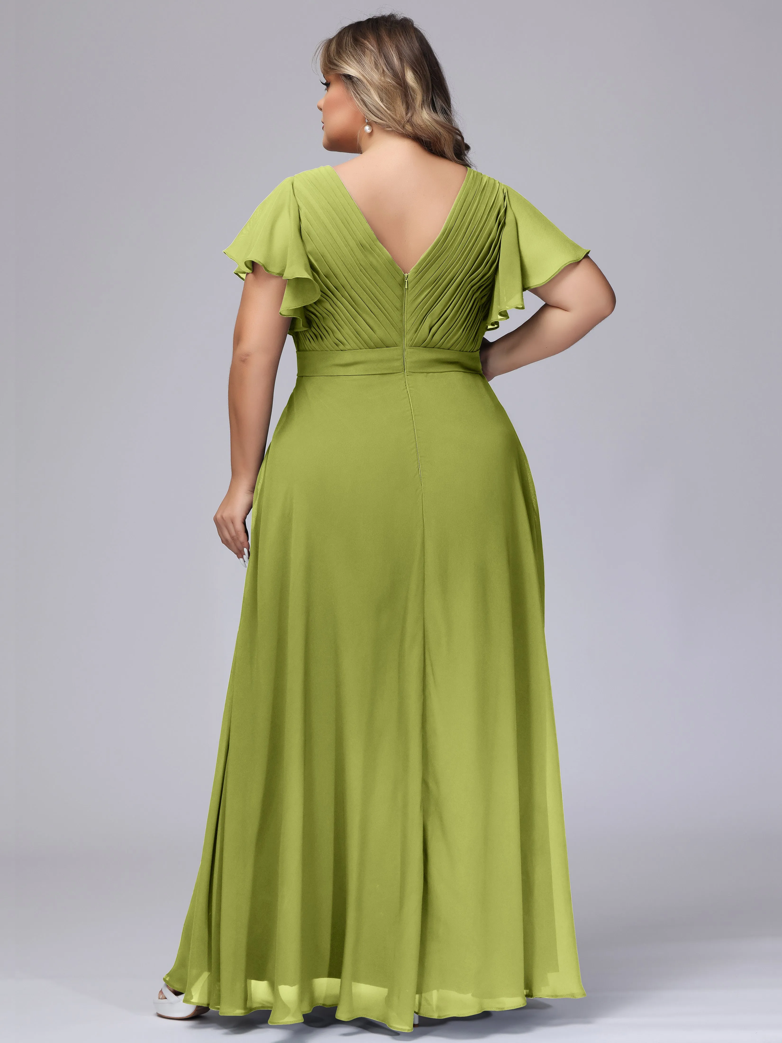 Elegant V-neck Ruffle Sleeves Empire Plus Size Bridesmaid Dress