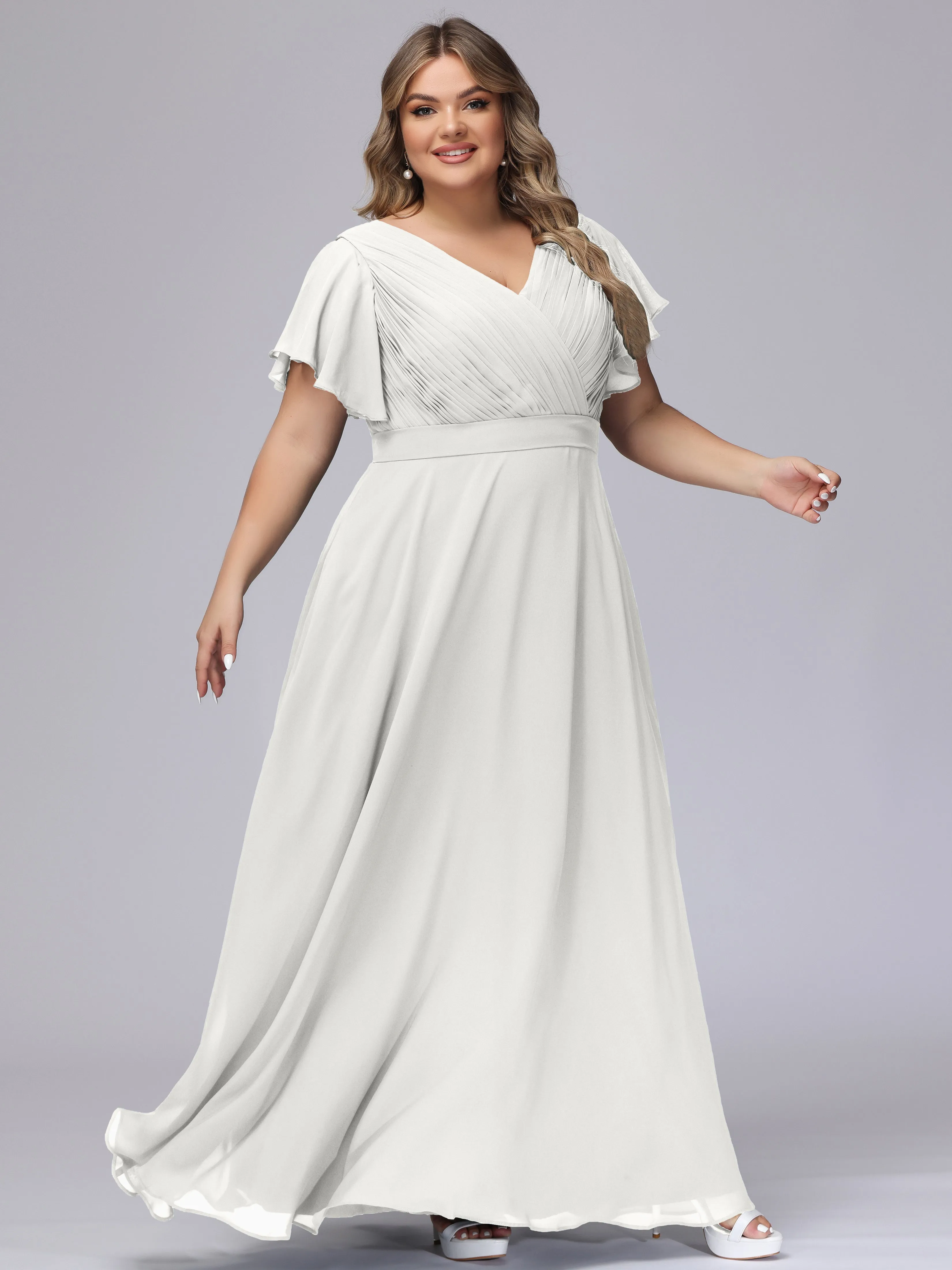 Elegant V-neck Ruffle Sleeves Empire Plus Size Bridesmaid Dress