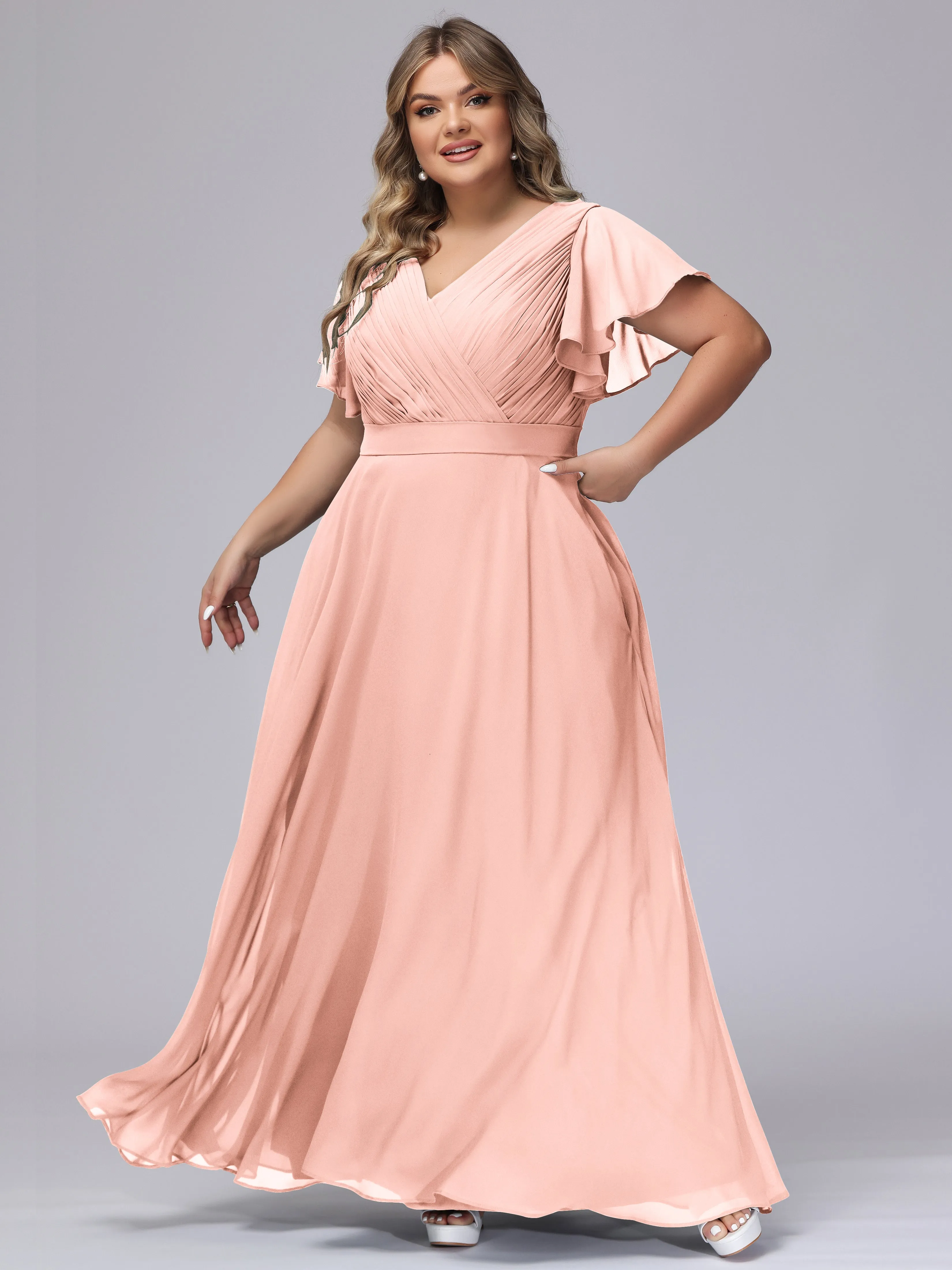 Elegant V-neck Ruffle Sleeves Empire Plus Size Bridesmaid Dress