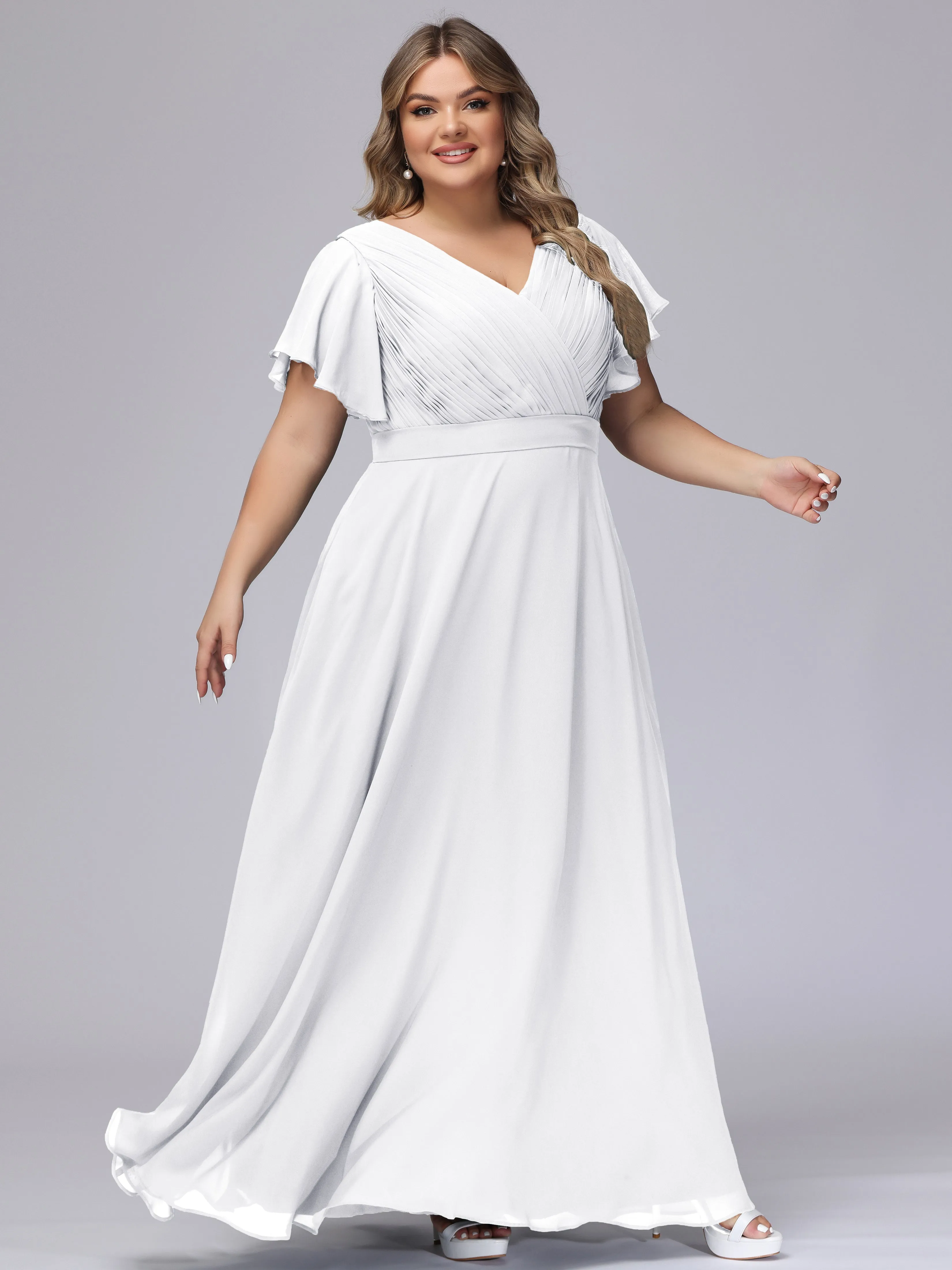 Elegant V-neck Ruffle Sleeves Empire Plus Size Bridesmaid Dress