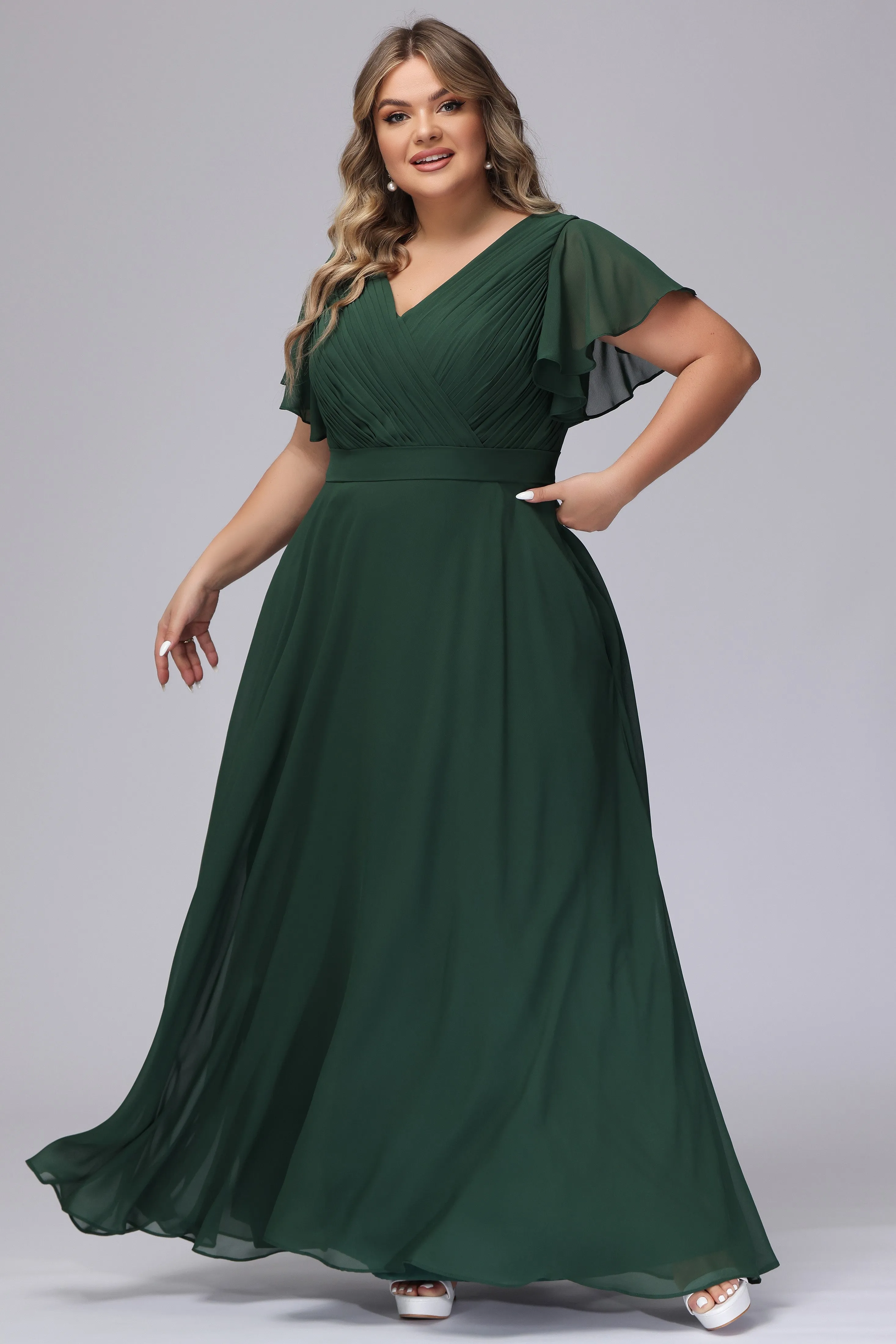Elegant V-neck Ruffle Sleeves Empire Plus Size Bridesmaid Dress