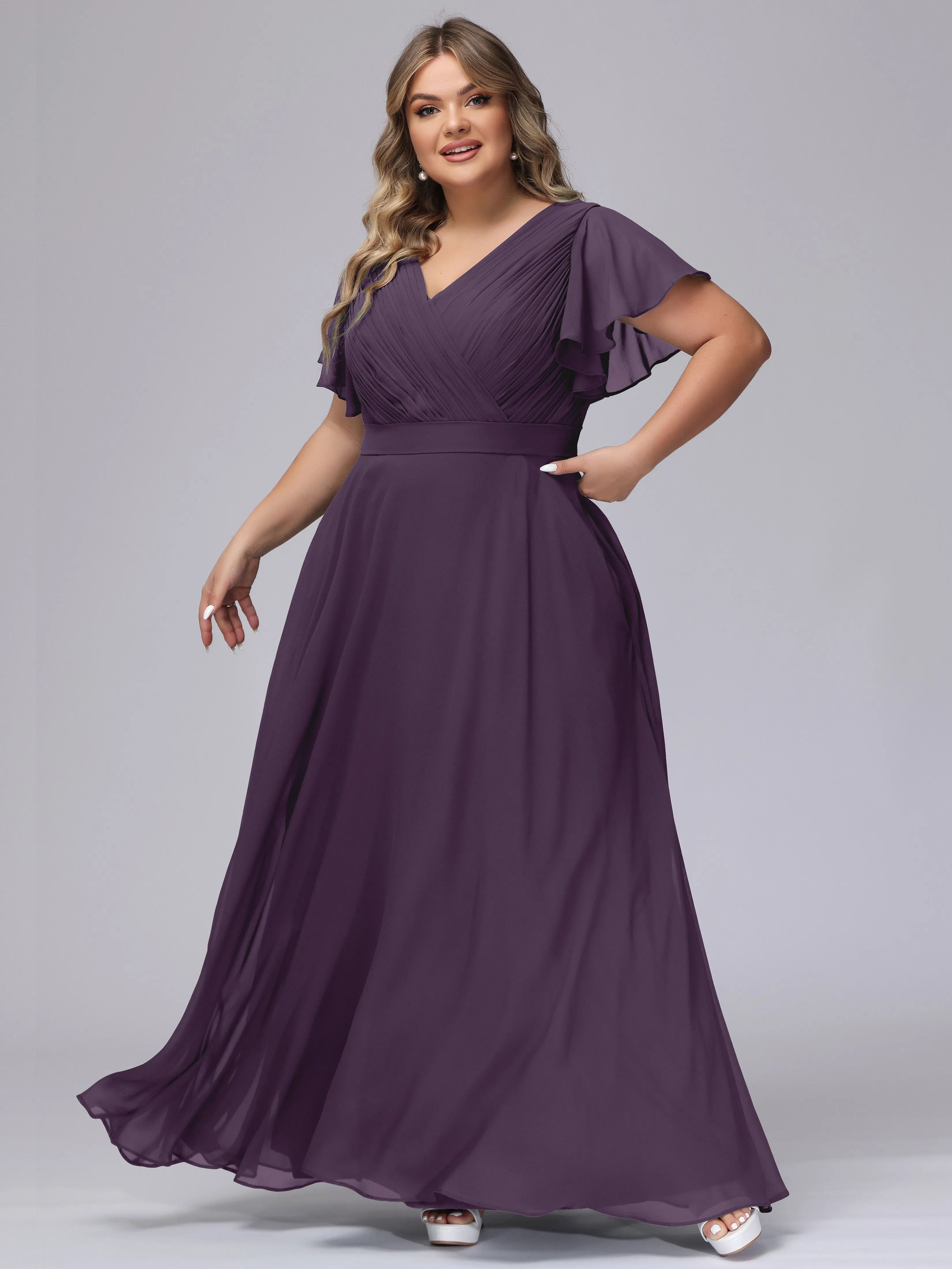 Elegant V-neck Ruffle Sleeves Empire Plus Size Bridesmaid Dress
