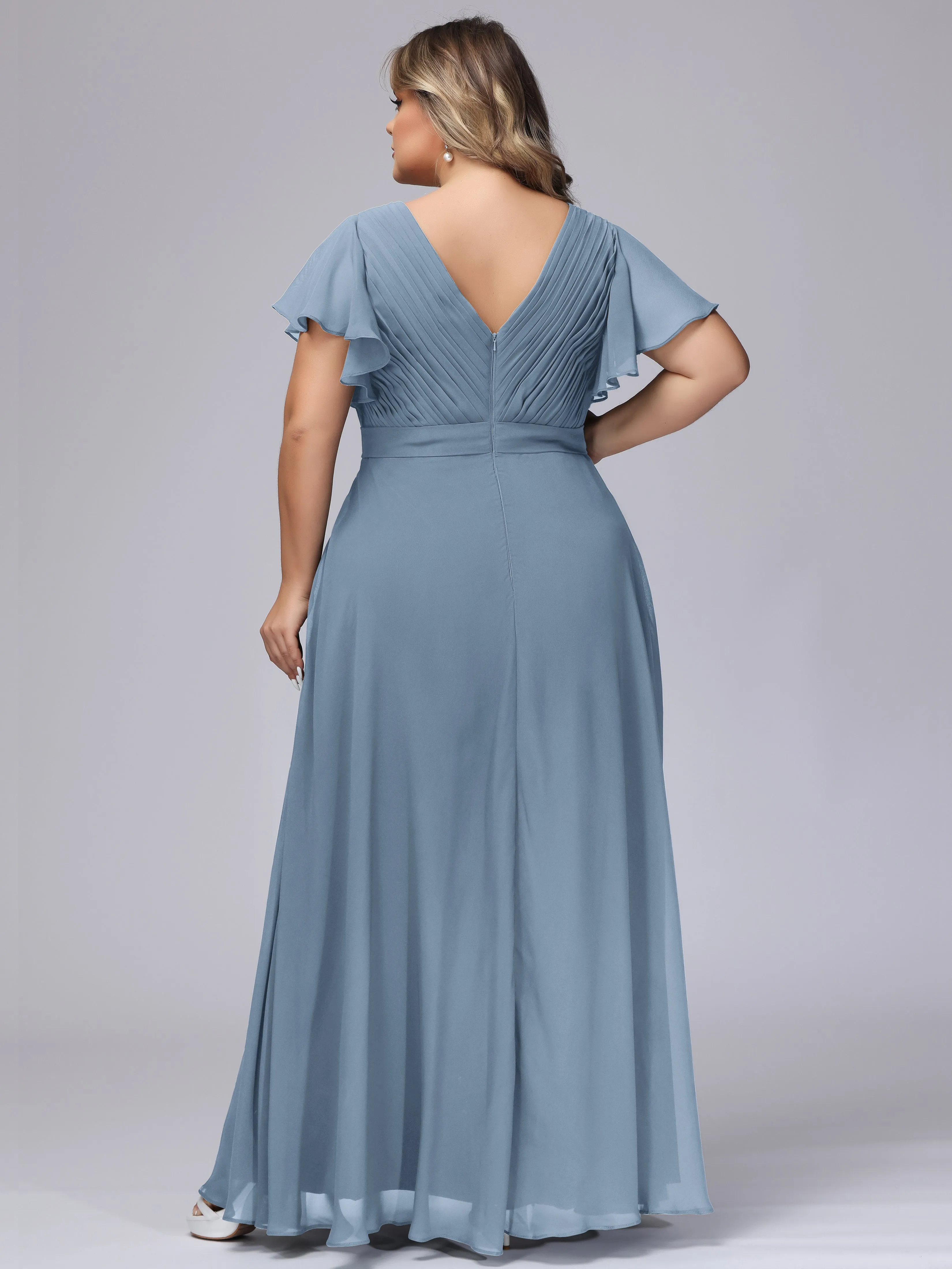 Elegant V-neck Ruffle Sleeves Empire Plus Size Bridesmaid Dress