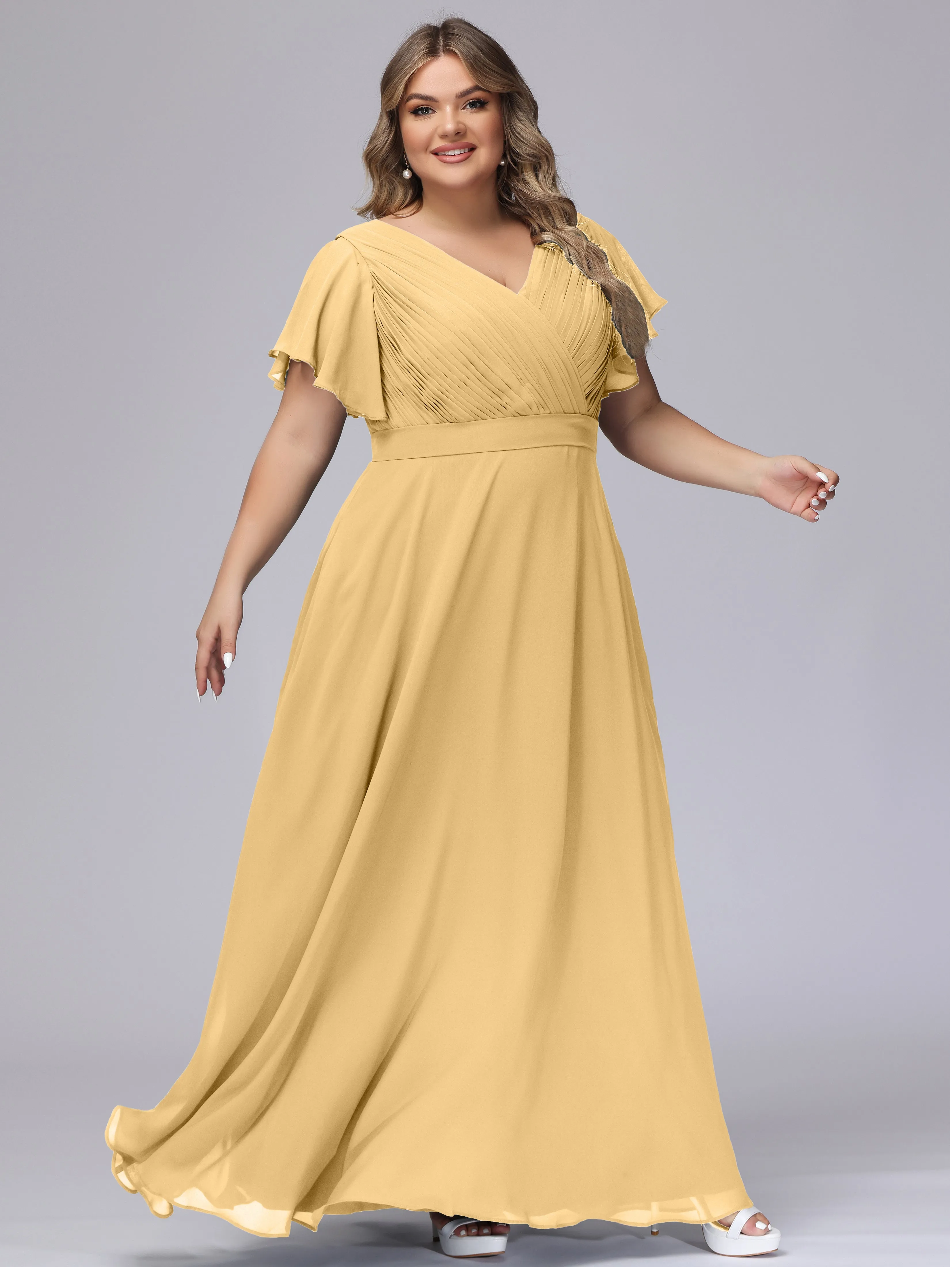 Elegant V-neck Ruffle Sleeves Empire Plus Size Bridesmaid Dress