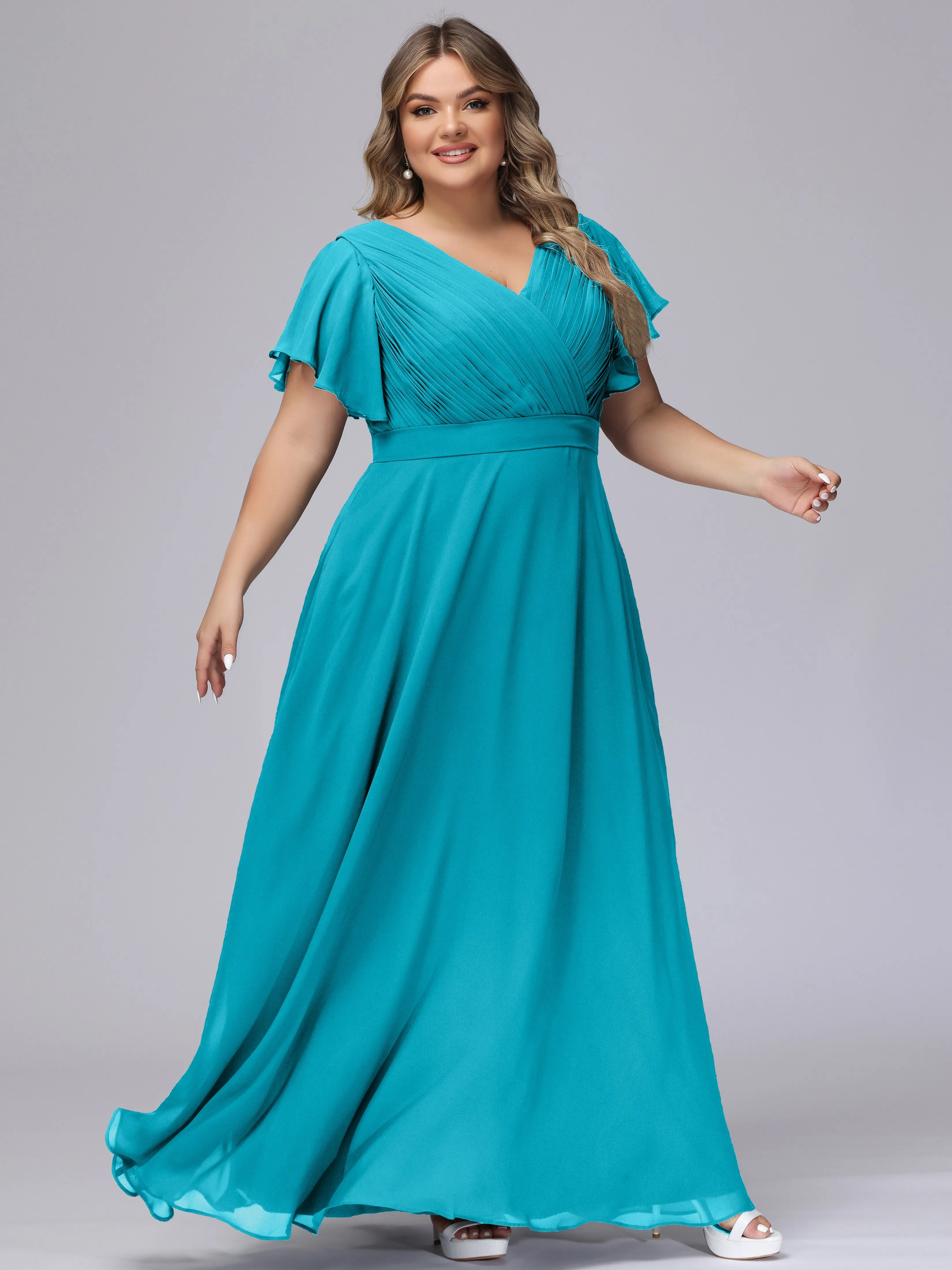 Elegant V-neck Ruffle Sleeves Empire Plus Size Bridesmaid Dress