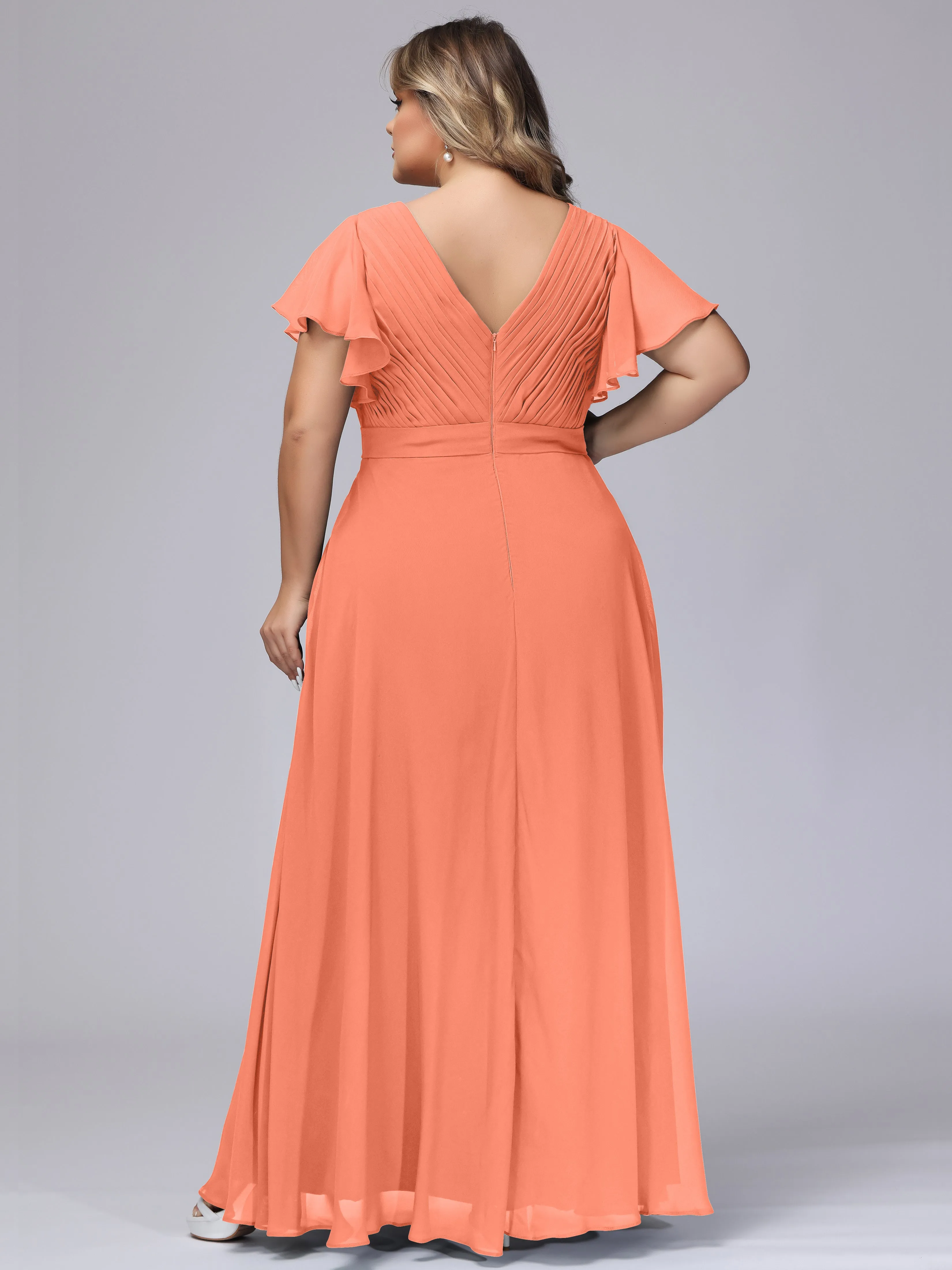 Elegant V-neck Ruffle Sleeves Empire Plus Size Bridesmaid Dress