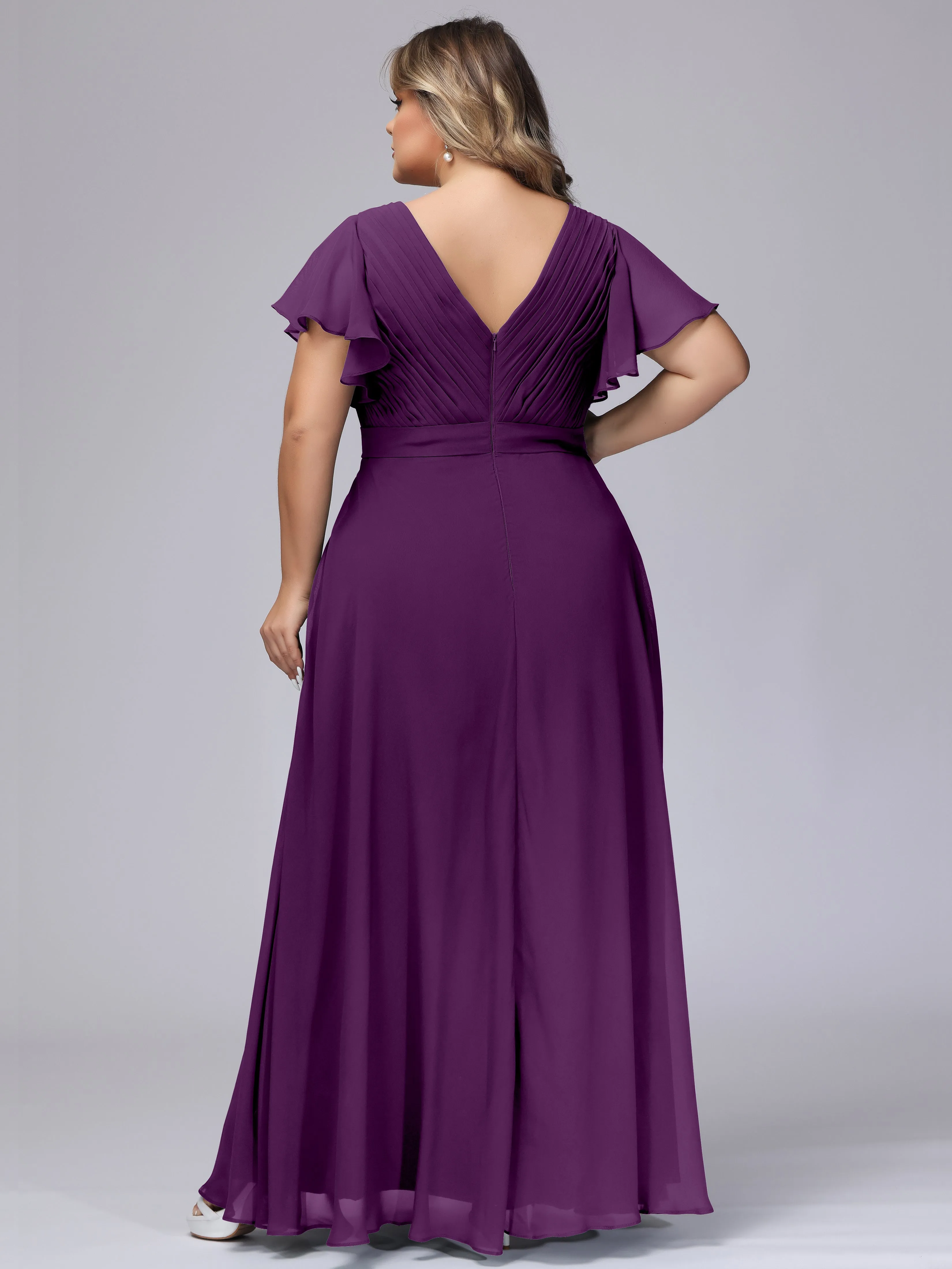 Elegant V-neck Ruffle Sleeves Empire Plus Size Bridesmaid Dress