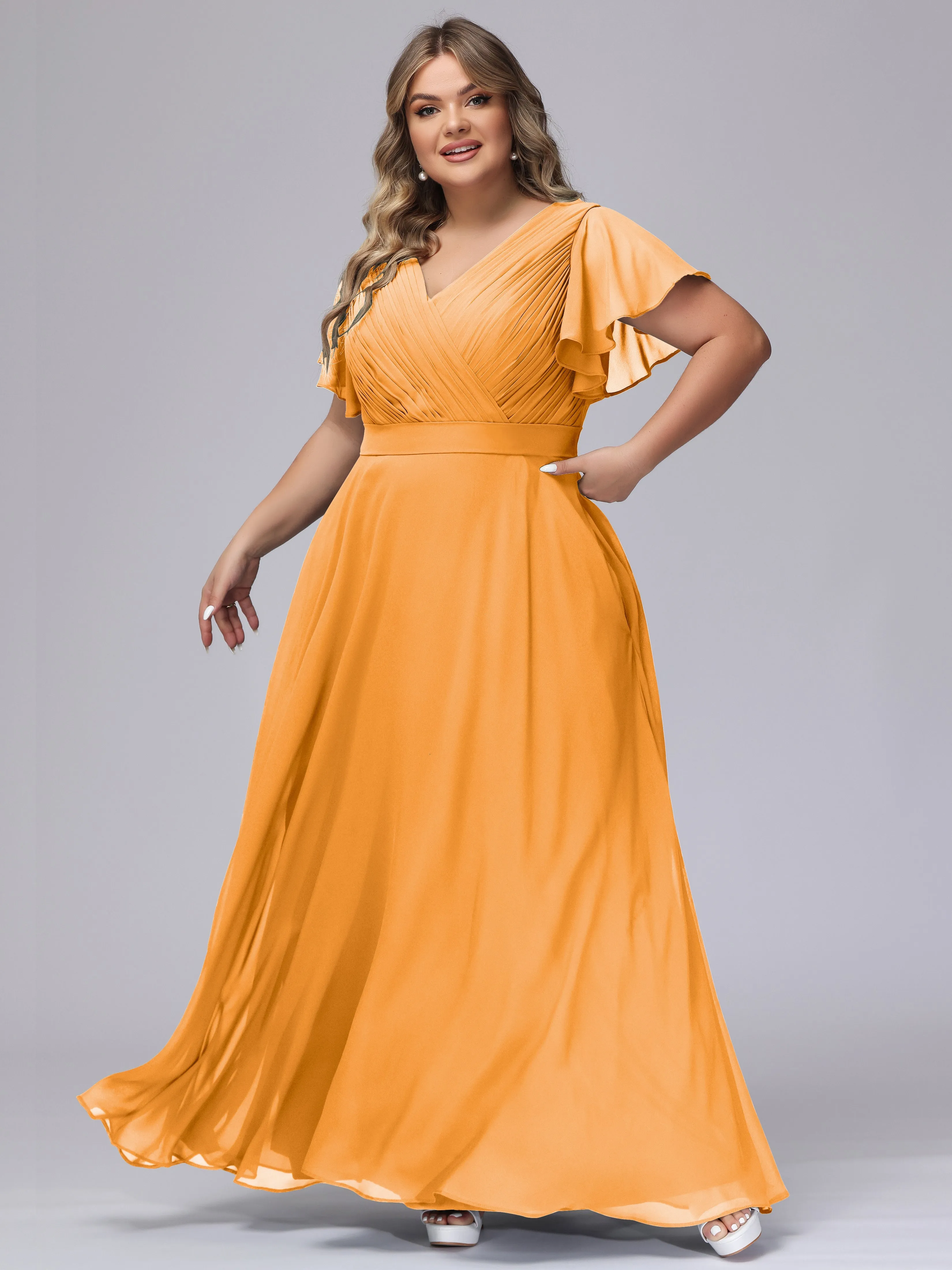 Elegant V-neck Ruffle Sleeves Empire Plus Size Bridesmaid Dress