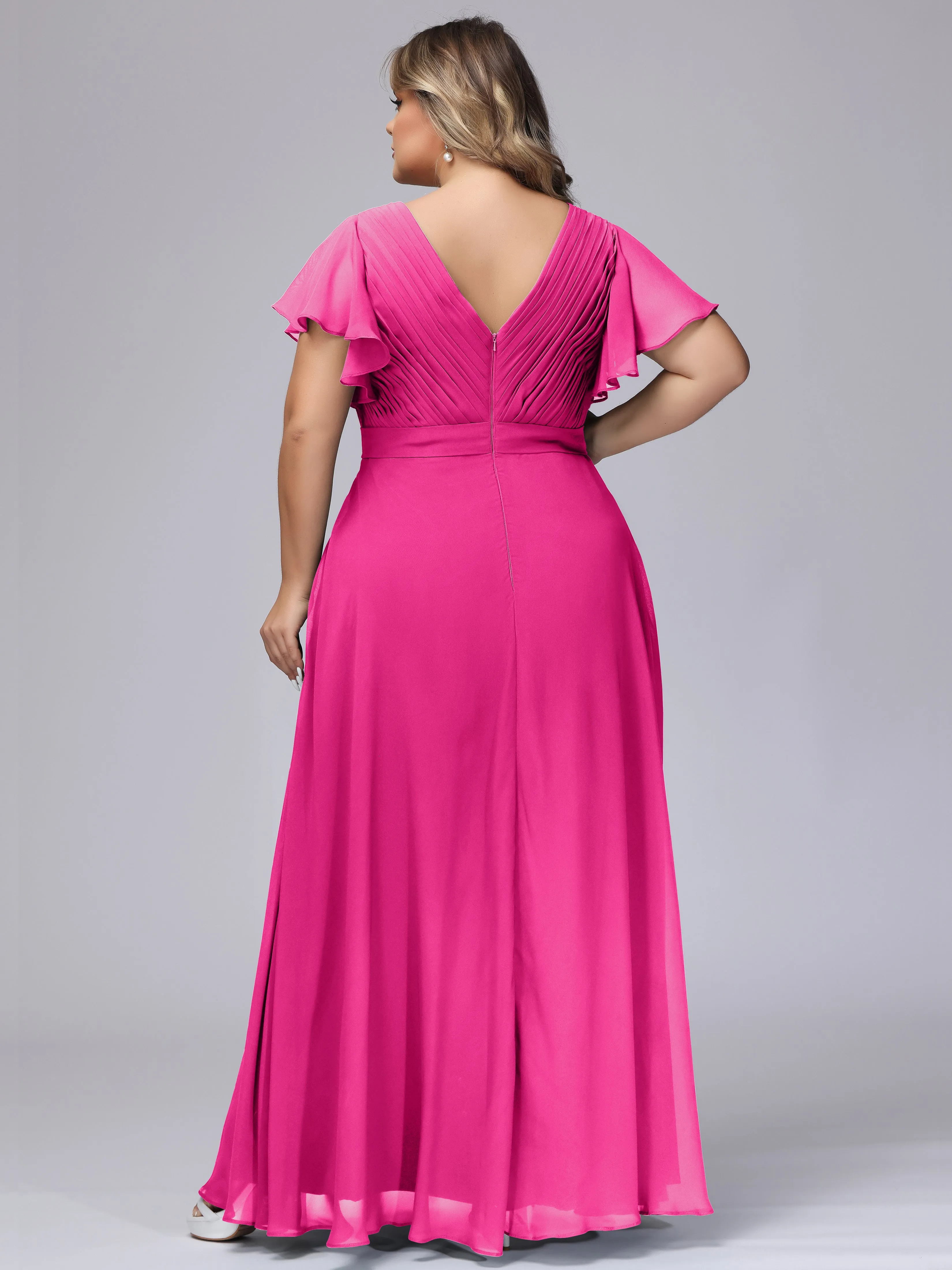 Elegant V-neck Ruffle Sleeves Empire Plus Size Bridesmaid Dress