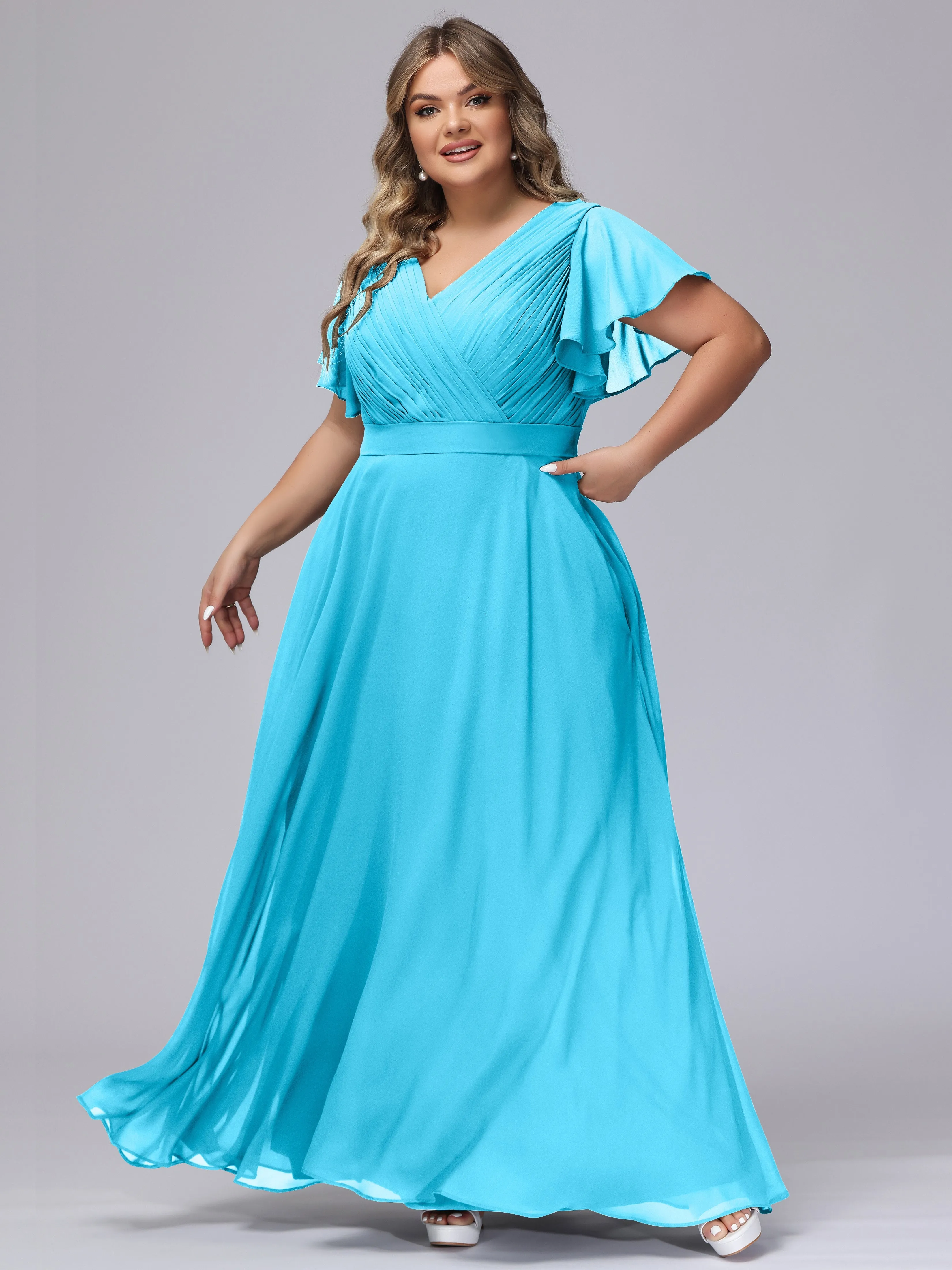 Elegant V-neck Ruffle Sleeves Empire Plus Size Bridesmaid Dress