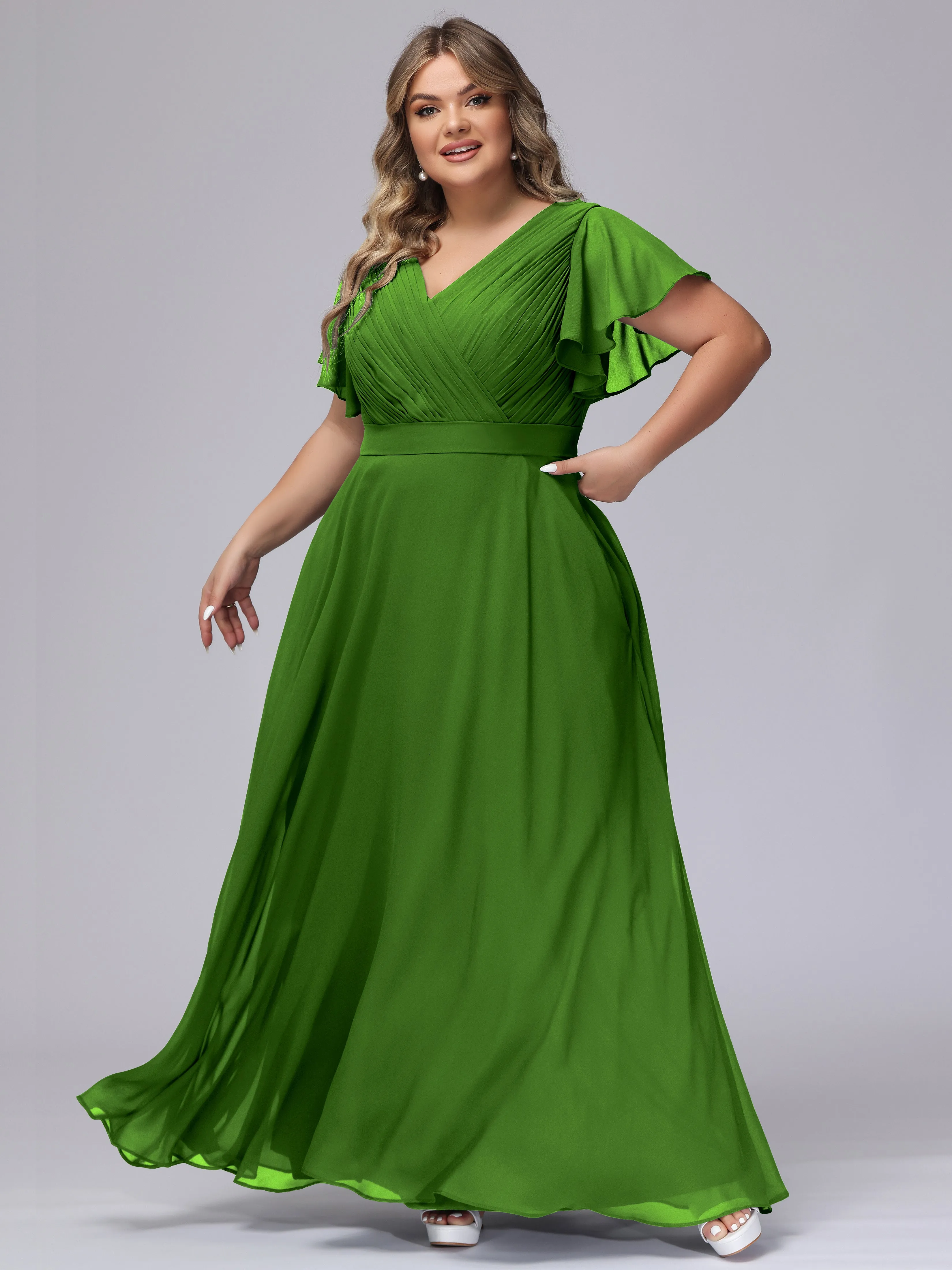 Elegant V-neck Ruffle Sleeves Empire Plus Size Bridesmaid Dress