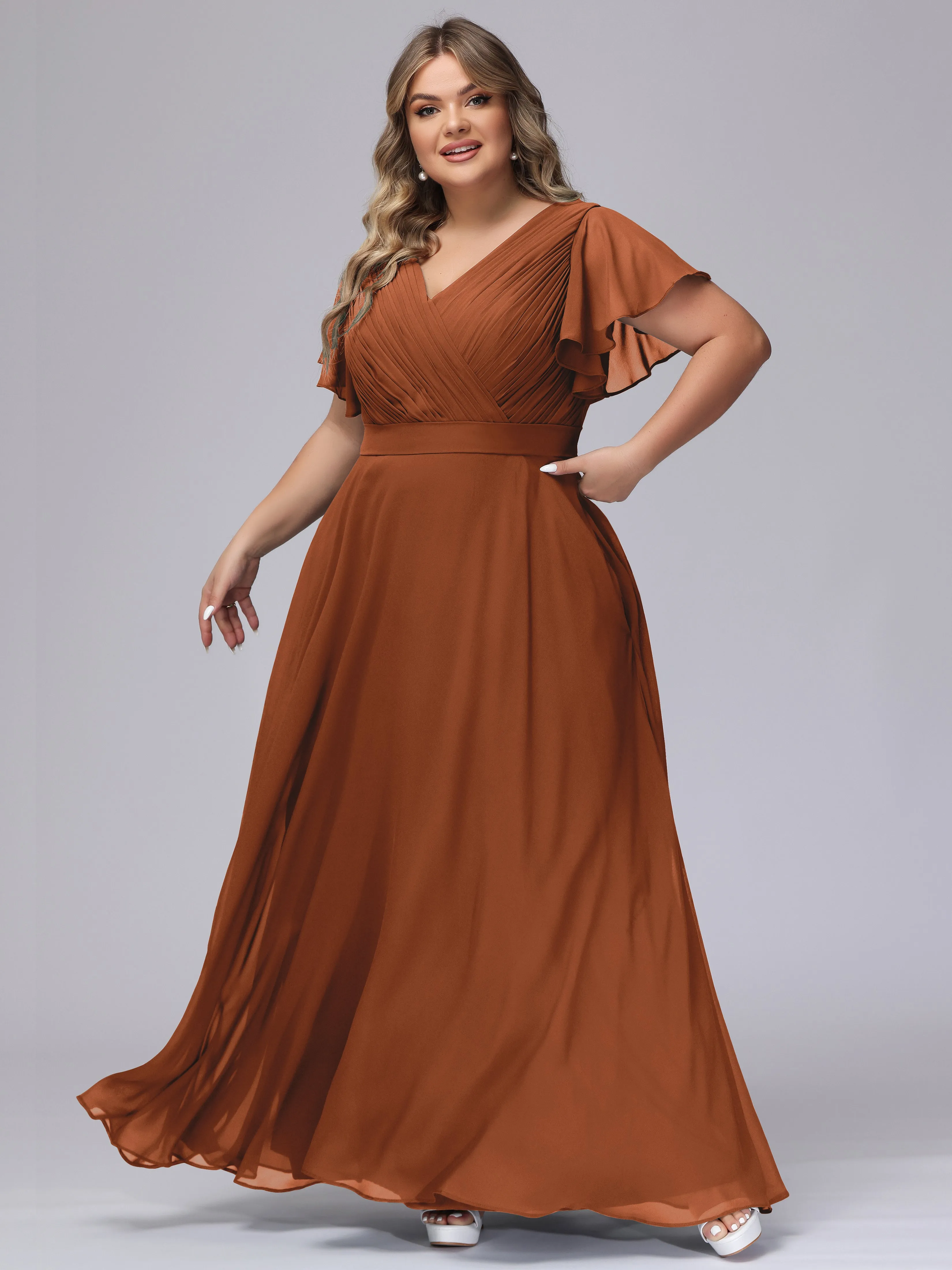 Elegant V-neck Ruffle Sleeves Empire Plus Size Bridesmaid Dress