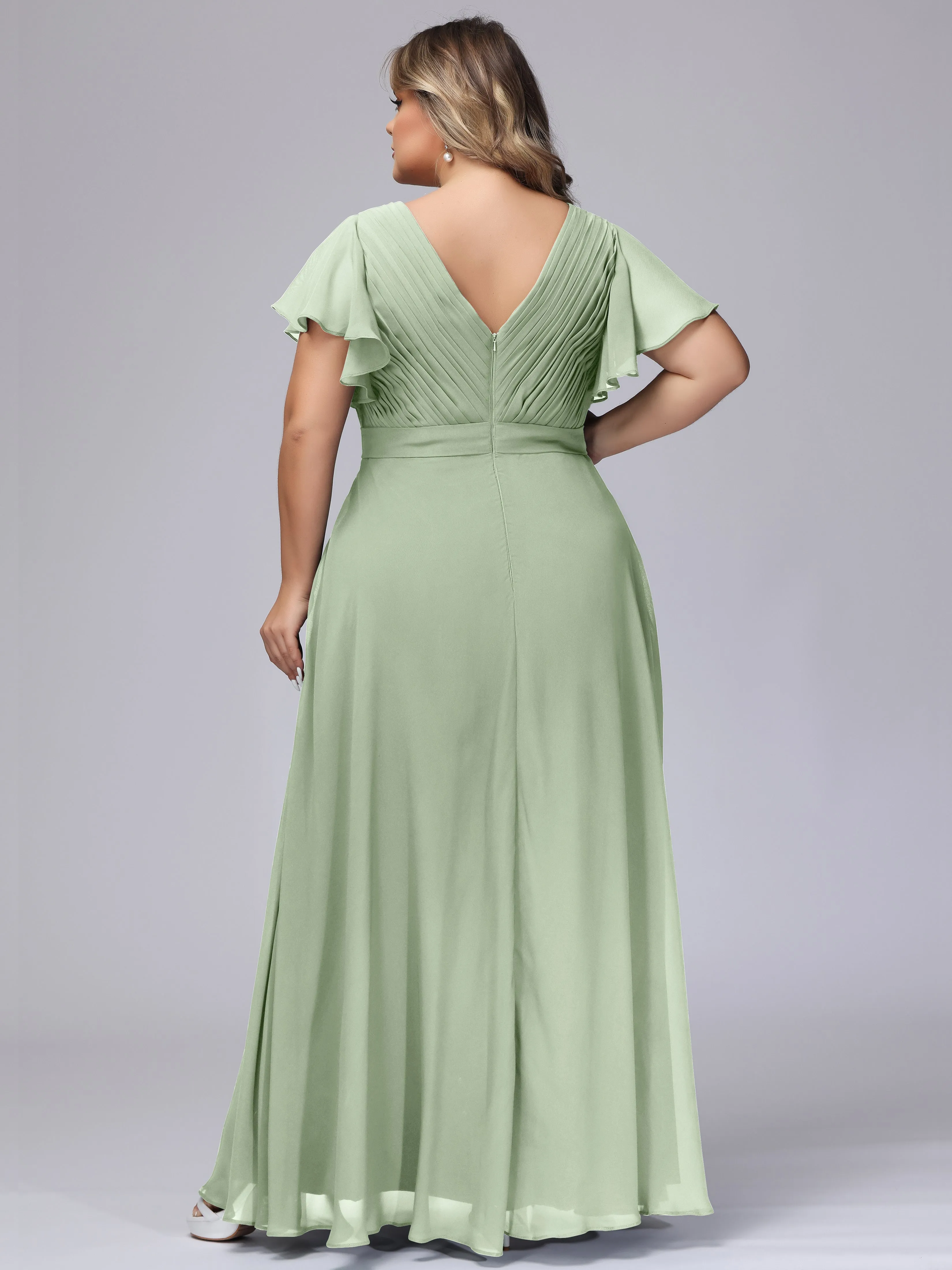 Elegant V-neck Ruffle Sleeves Empire Plus Size Bridesmaid Dress