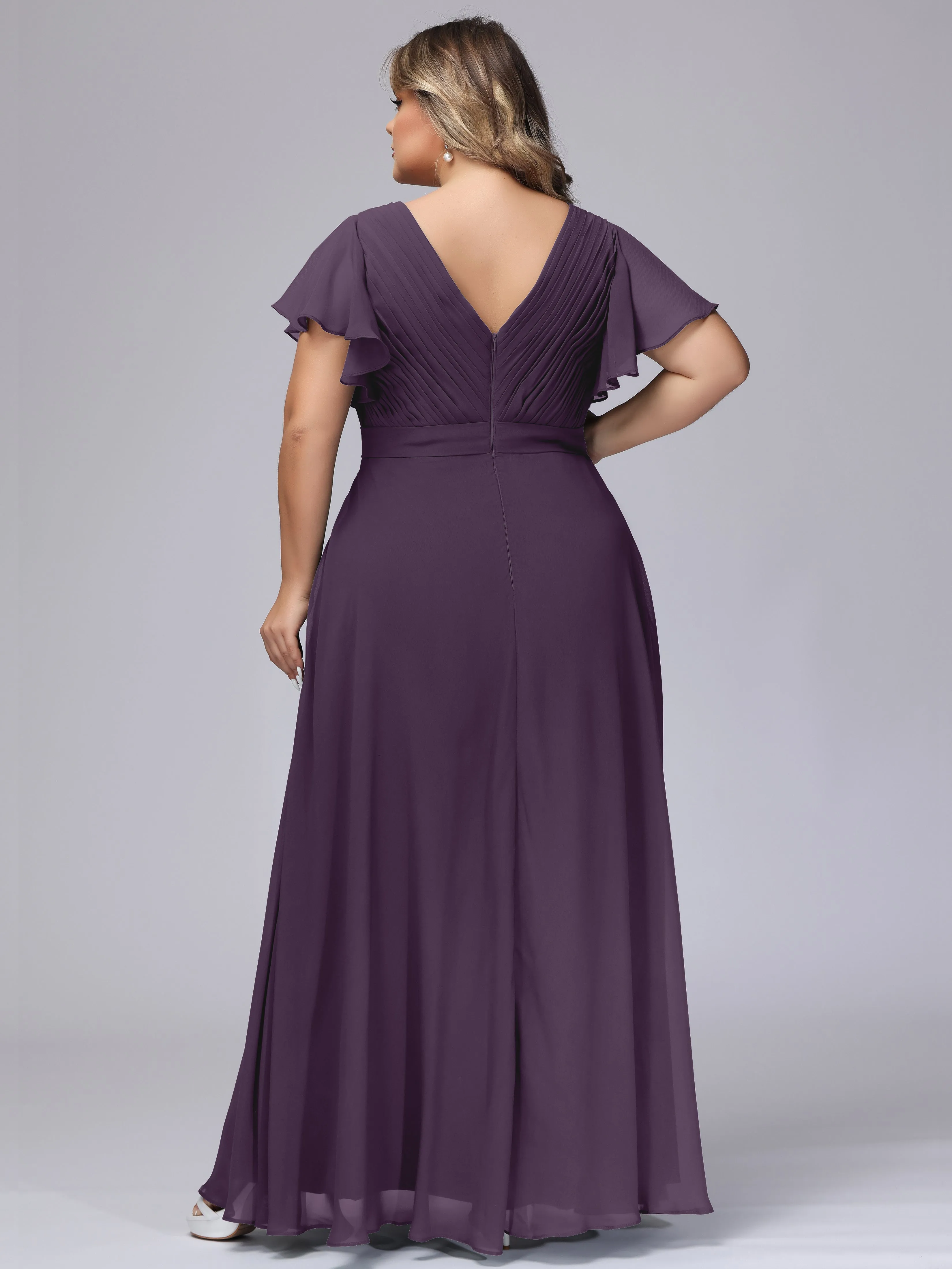 Elegant V-neck Ruffle Sleeves Empire Plus Size Bridesmaid Dress