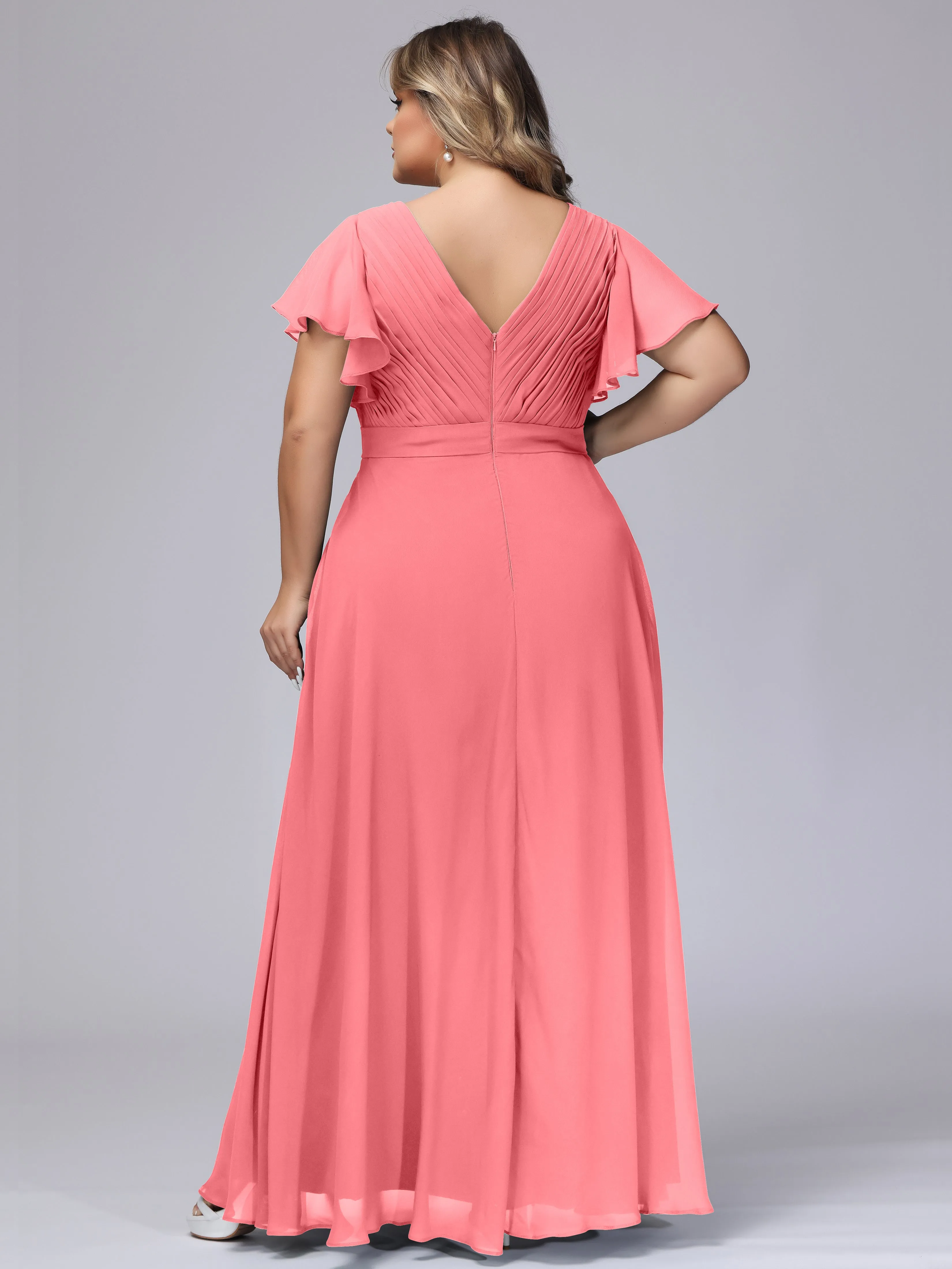 Elegant V-neck Ruffle Sleeves Empire Plus Size Bridesmaid Dress