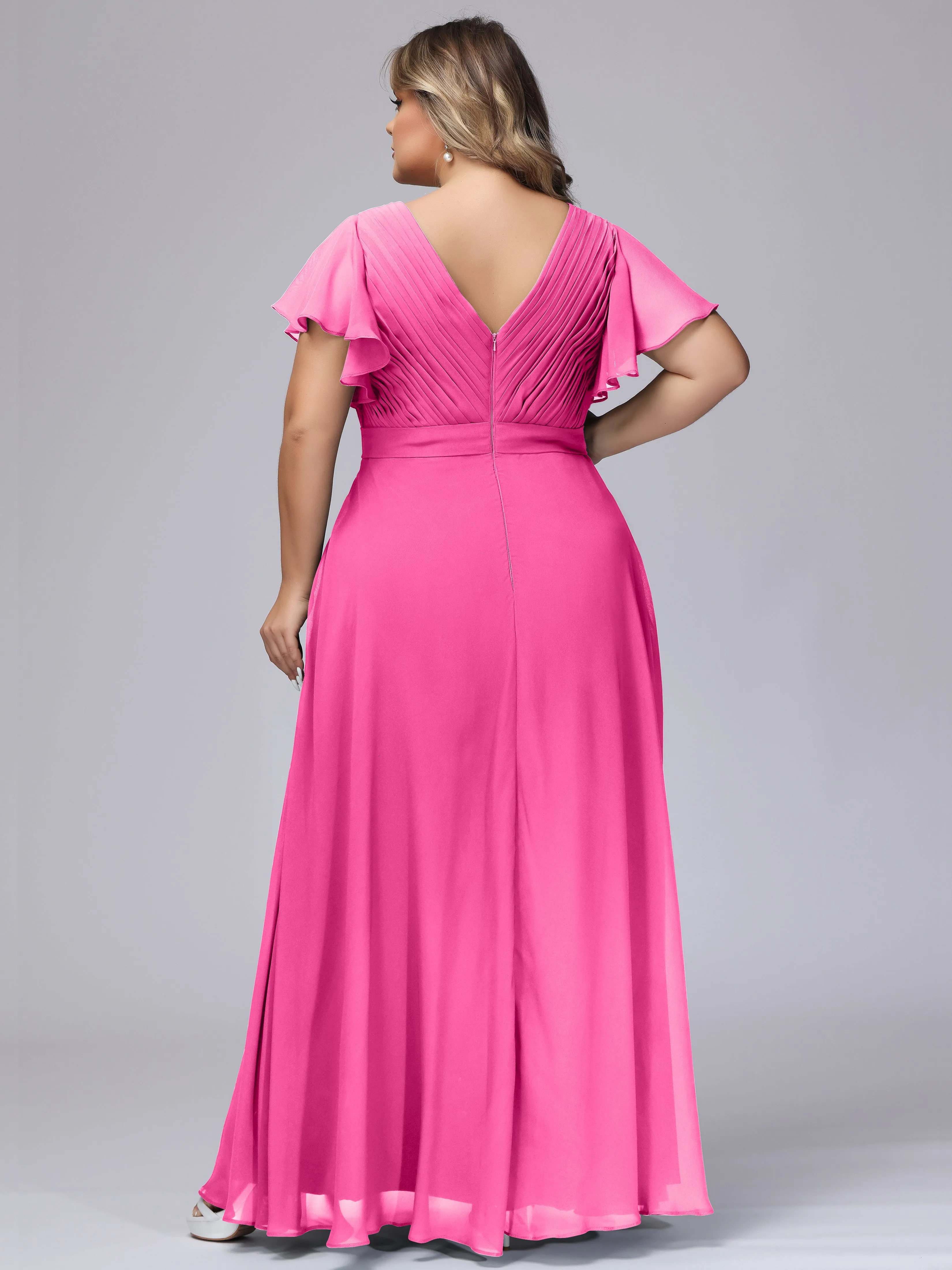 Elegant V-neck Ruffle Sleeves Empire Plus Size Bridesmaid Dress