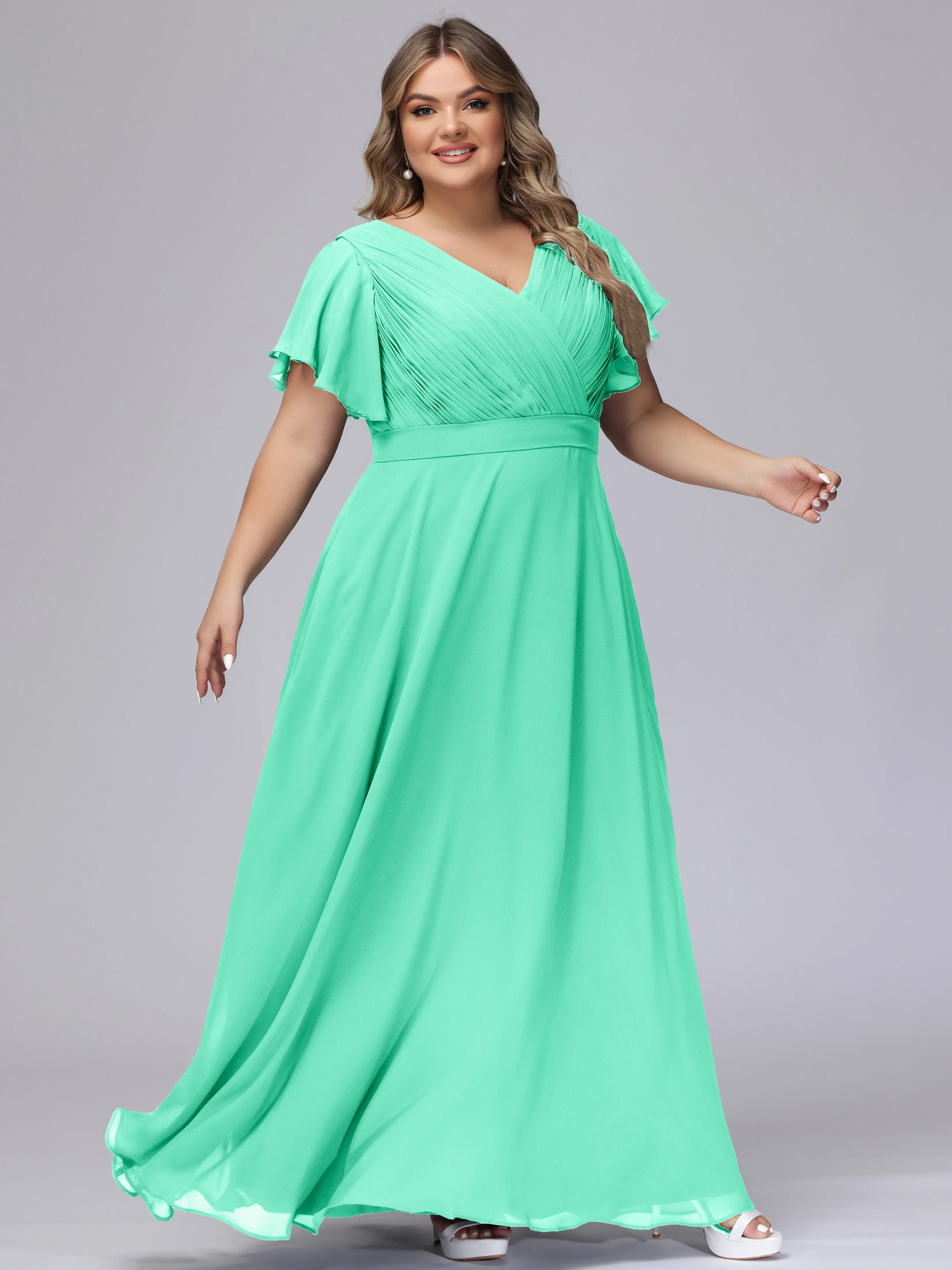 Elegant V-neck Ruffle Sleeves Empire Plus Size Bridesmaid Dress