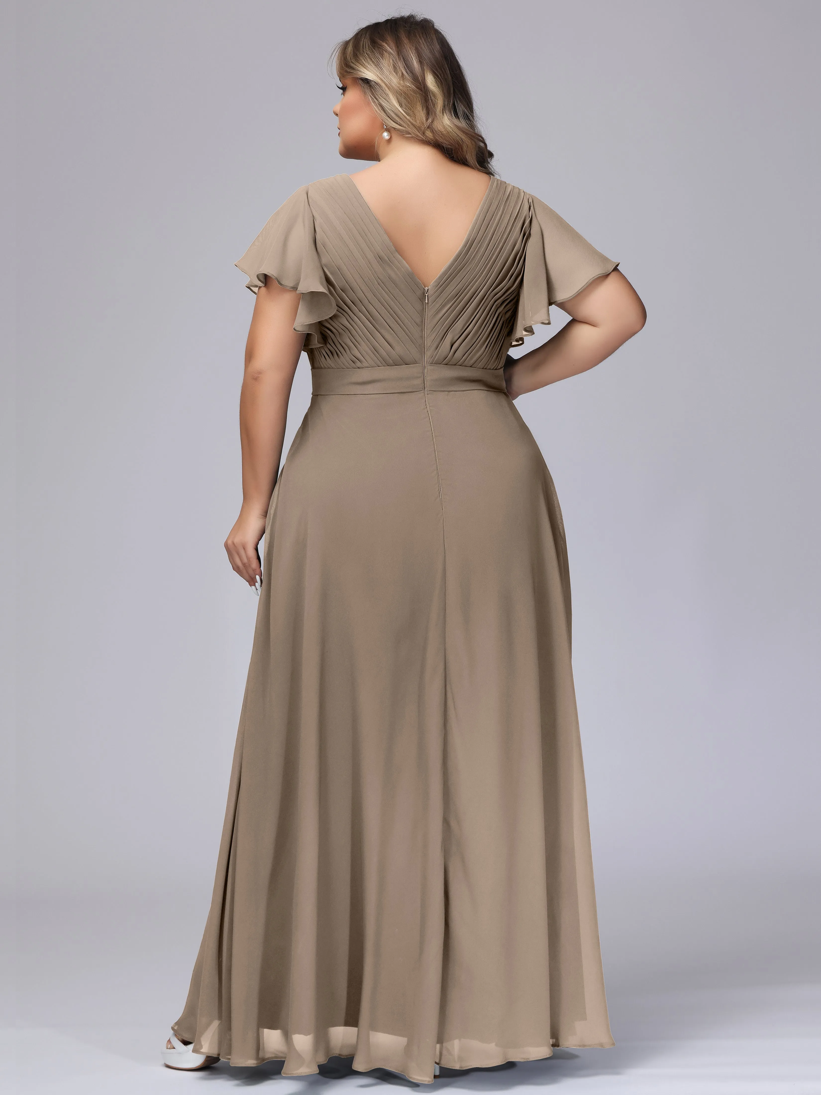 Elegant V-neck Ruffle Sleeves Empire Plus Size Bridesmaid Dress
