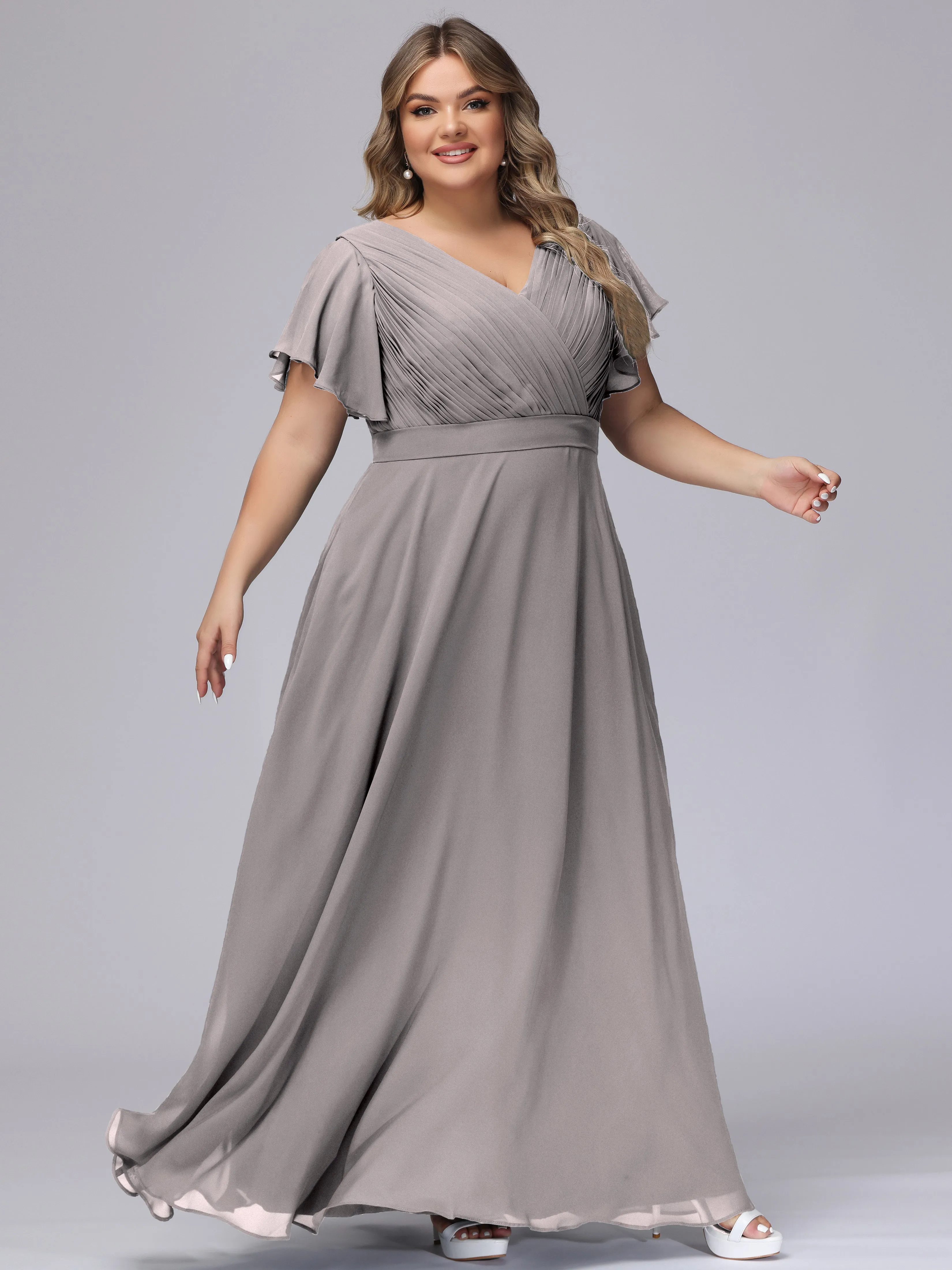 Elegant V-neck Ruffle Sleeves Empire Plus Size Bridesmaid Dress