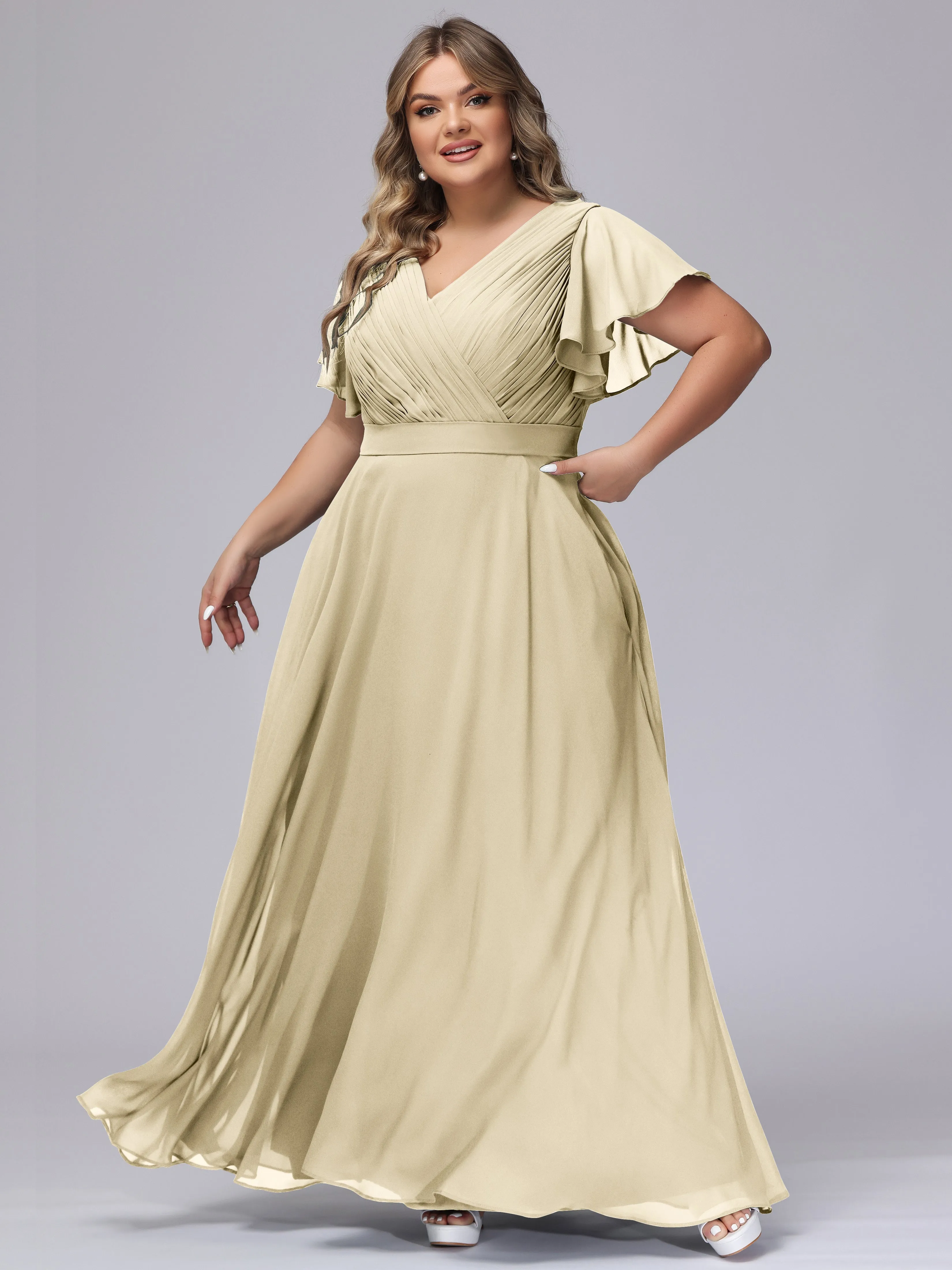 Elegant V-neck Ruffle Sleeves Empire Plus Size Bridesmaid Dress