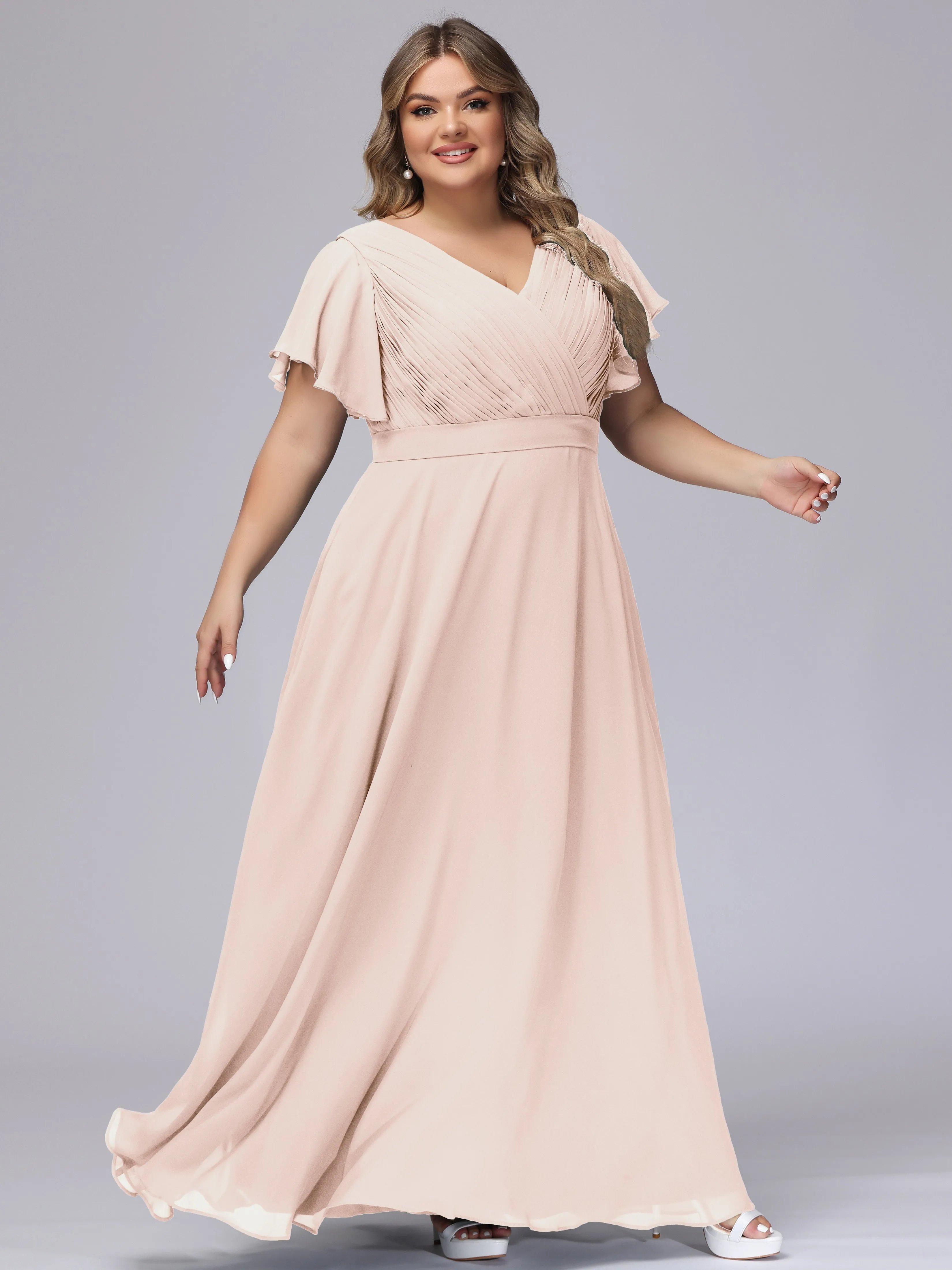 Elegant V-neck Ruffle Sleeves Empire Plus Size Bridesmaid Dress