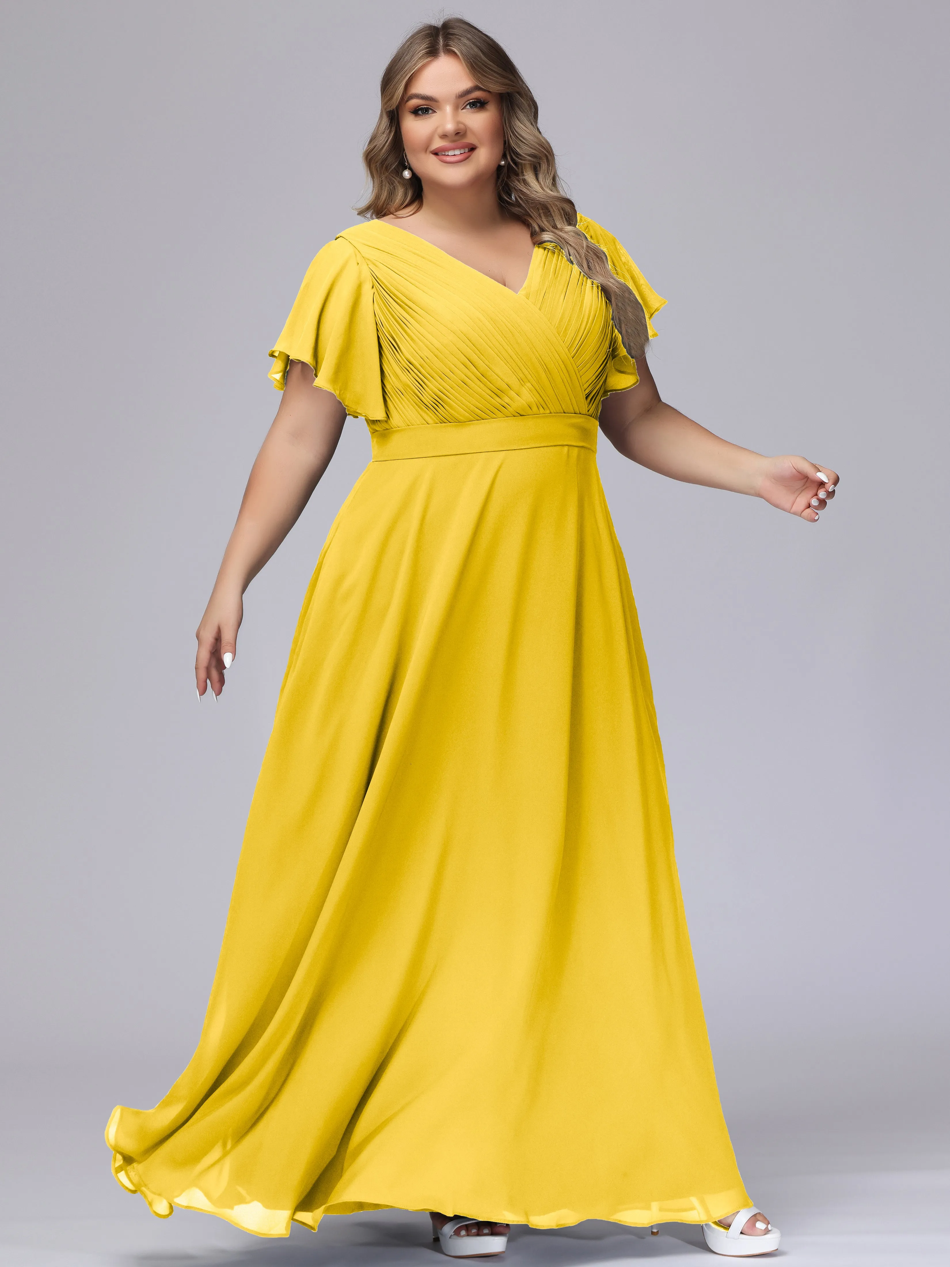 Elegant V-neck Ruffle Sleeves Empire Plus Size Bridesmaid Dress
