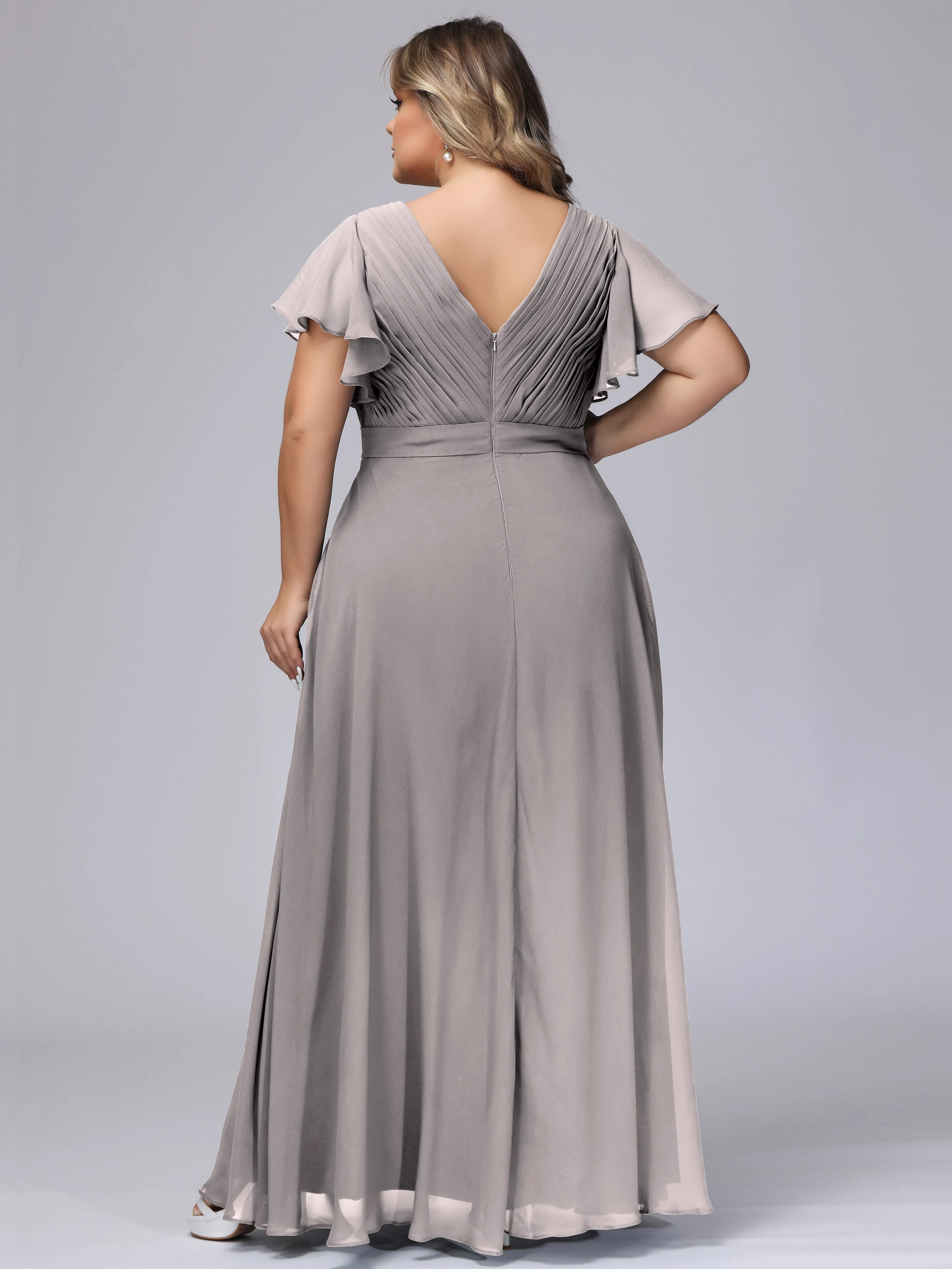Elegant V-neck Ruffle Sleeves Empire Plus Size Bridesmaid Dress