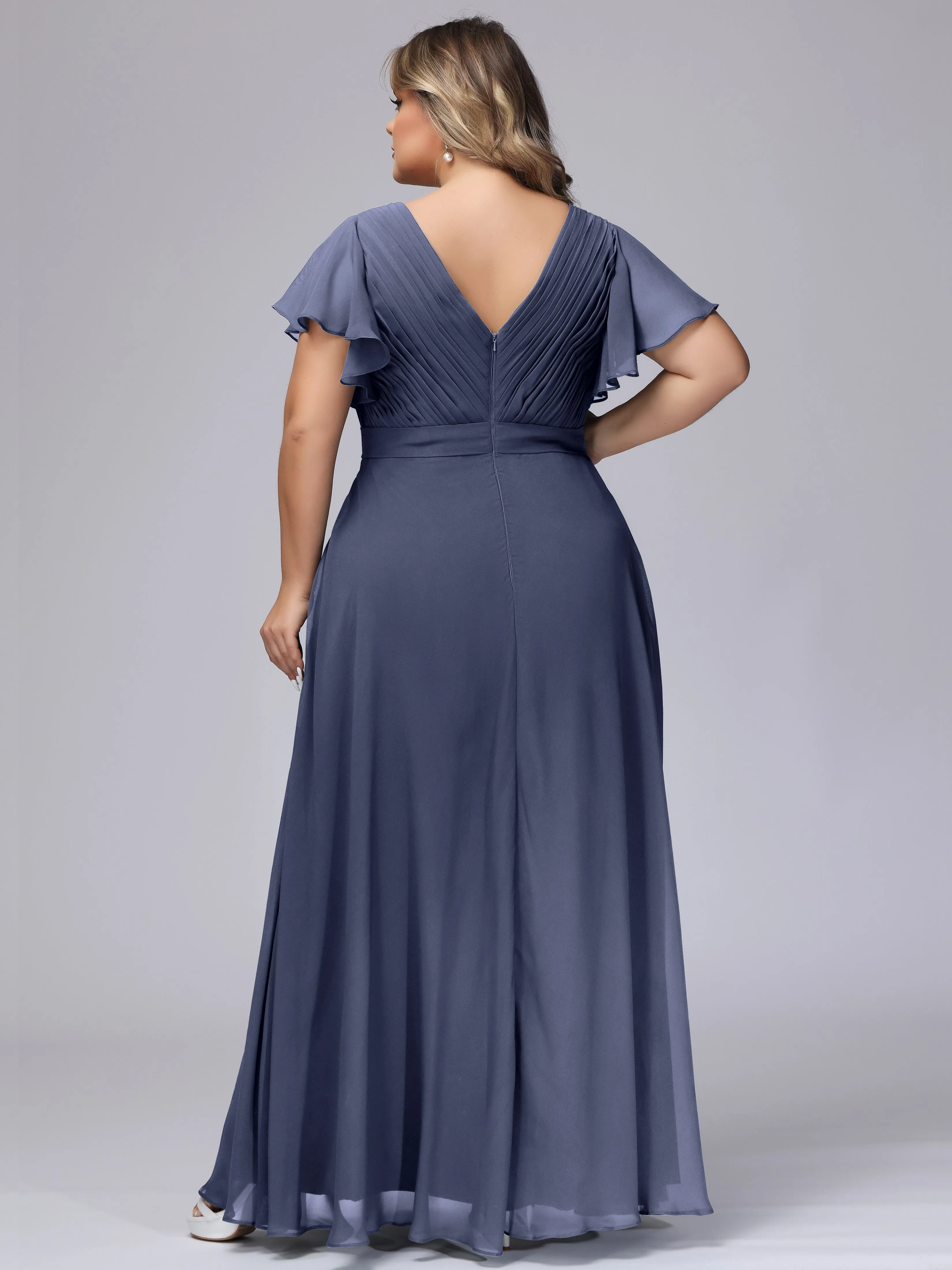 Elegant V-neck Ruffle Sleeves Empire Plus Size Bridesmaid Dress