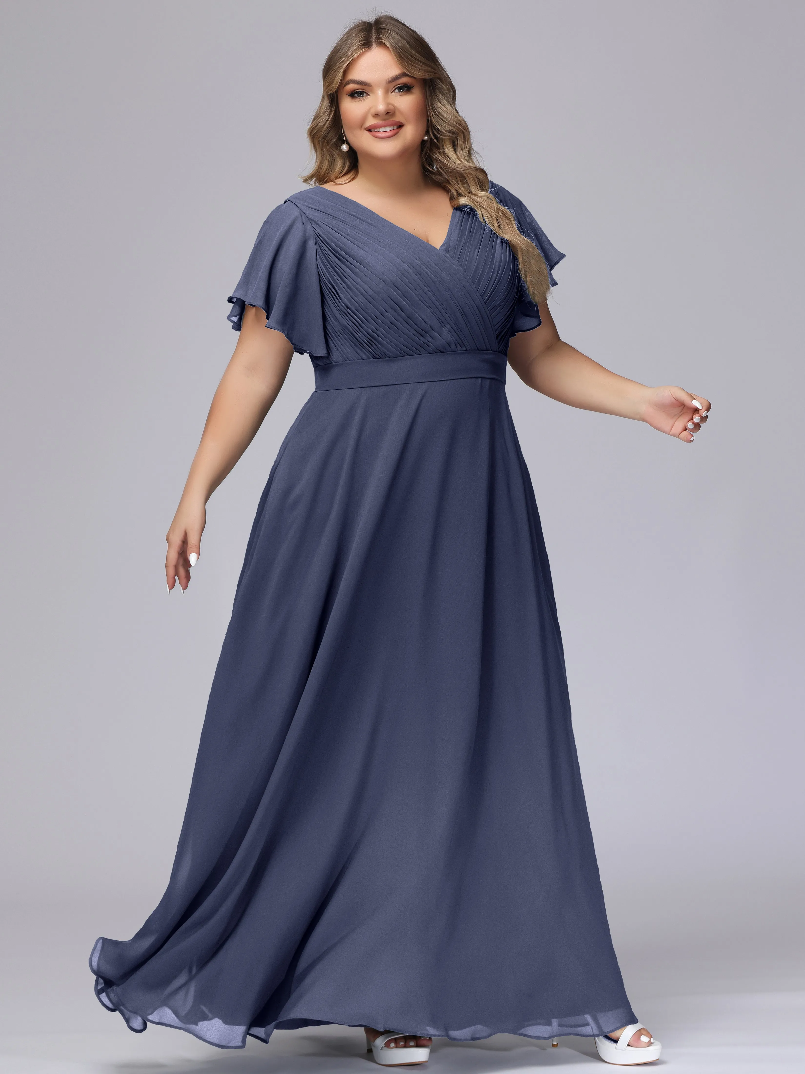 Elegant V-neck Ruffle Sleeves Empire Plus Size Bridesmaid Dress