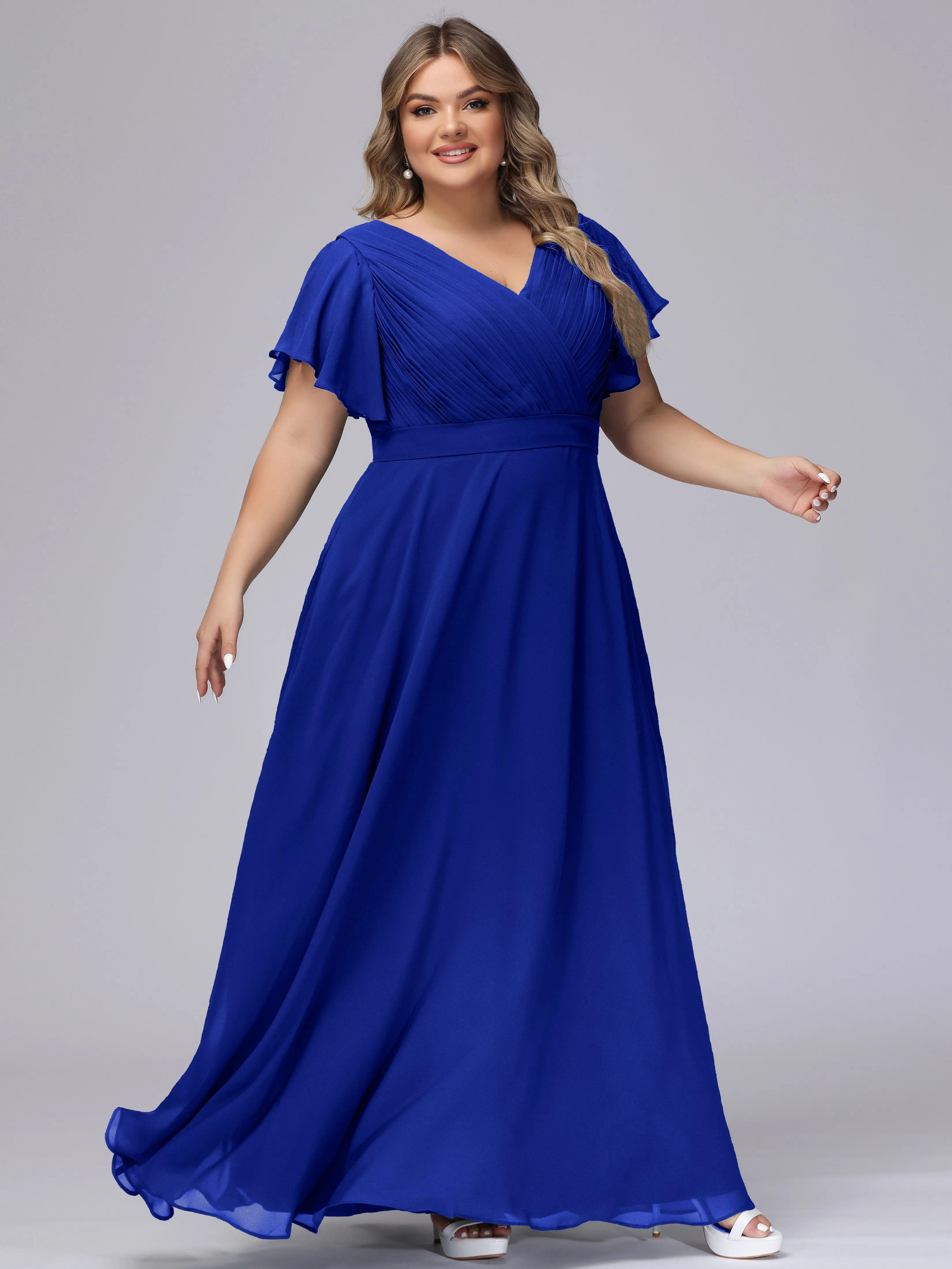 Elegant V-neck Ruffle Sleeves Empire Plus Size Bridesmaid Dress
