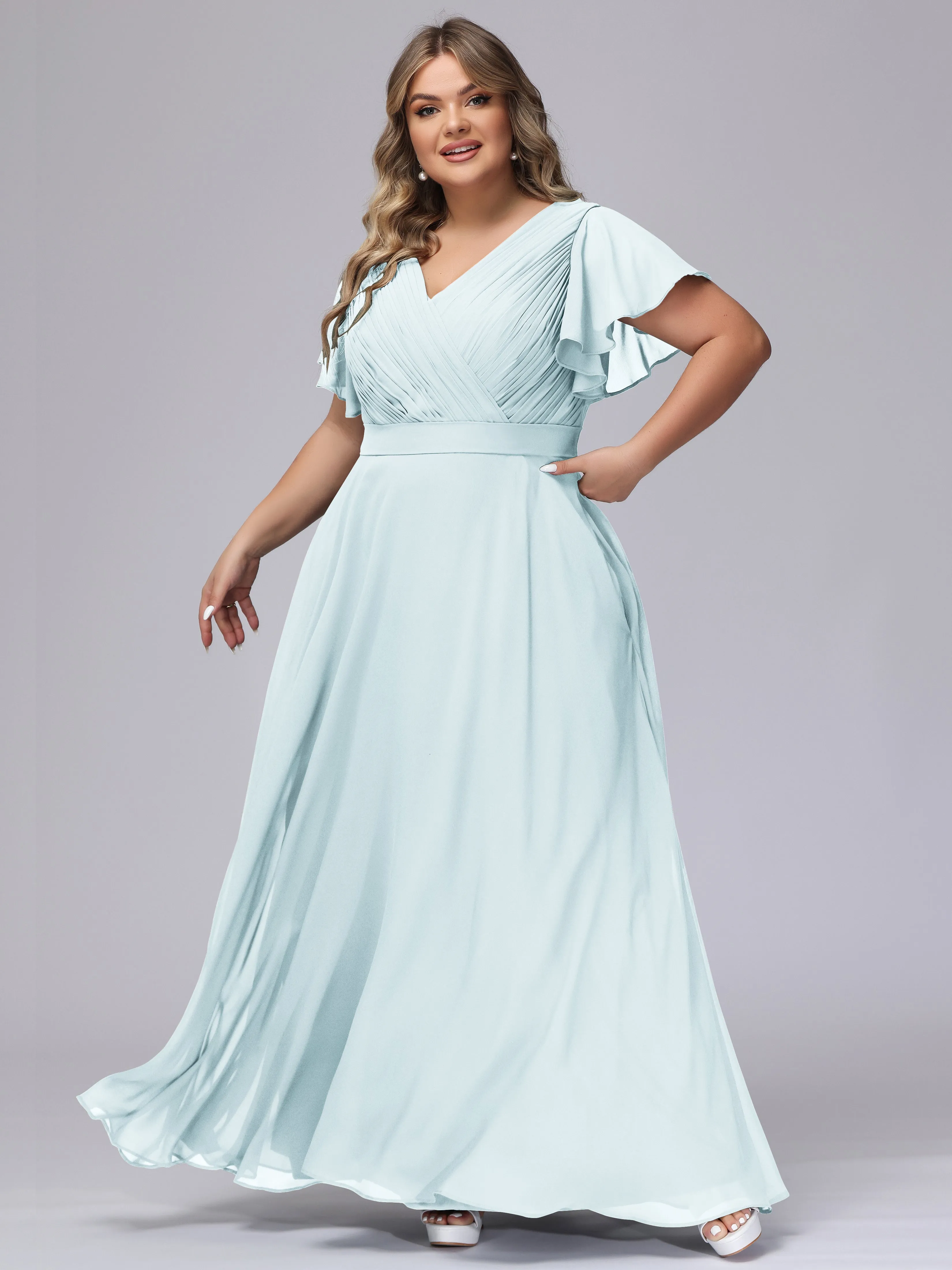 Elegant V-neck Ruffle Sleeves Empire Plus Size Bridesmaid Dress